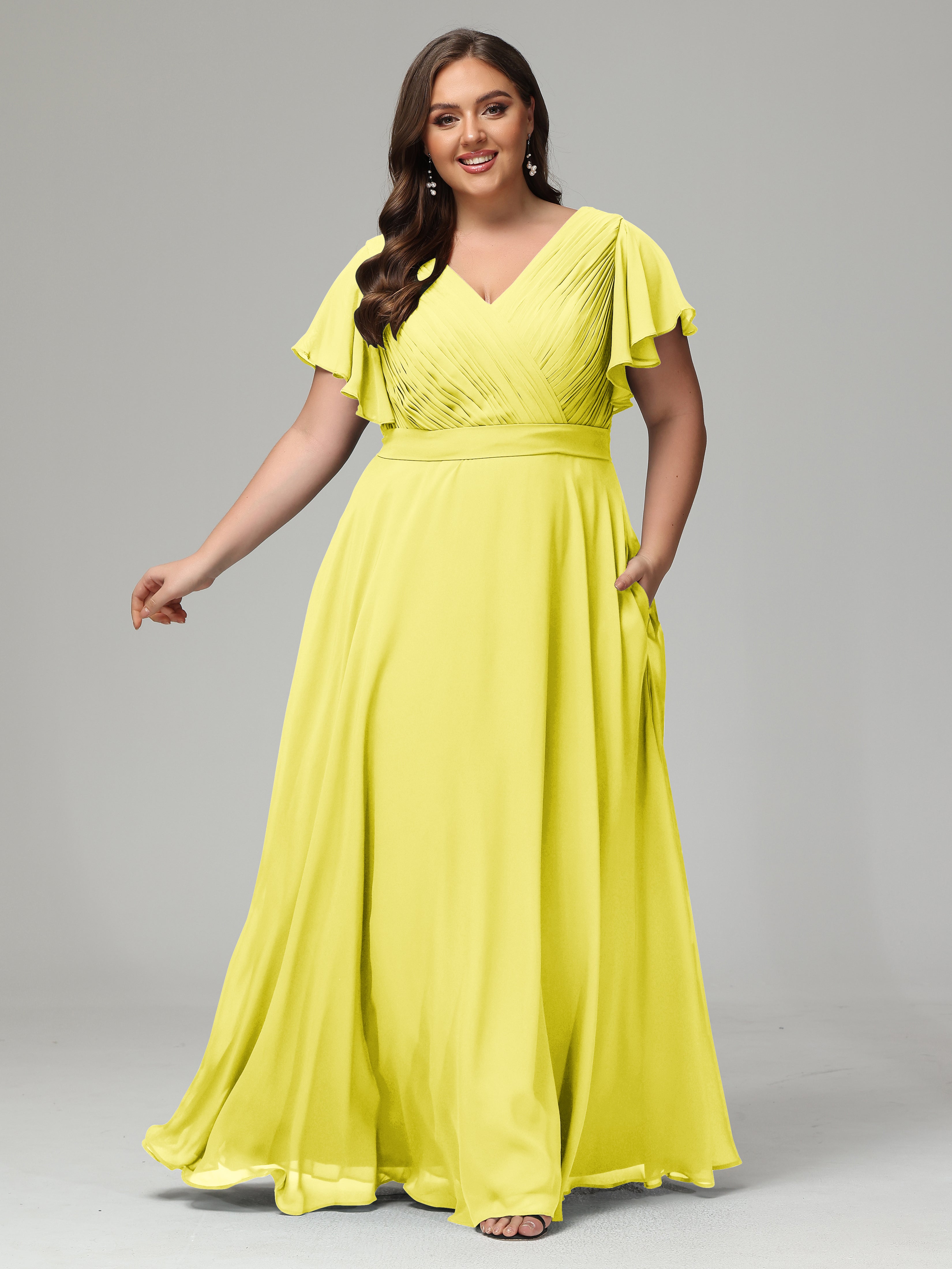 Robes De Demoiselle D'Honneur Citron Grande Taille Dos En V Manches Courtes Mousseline