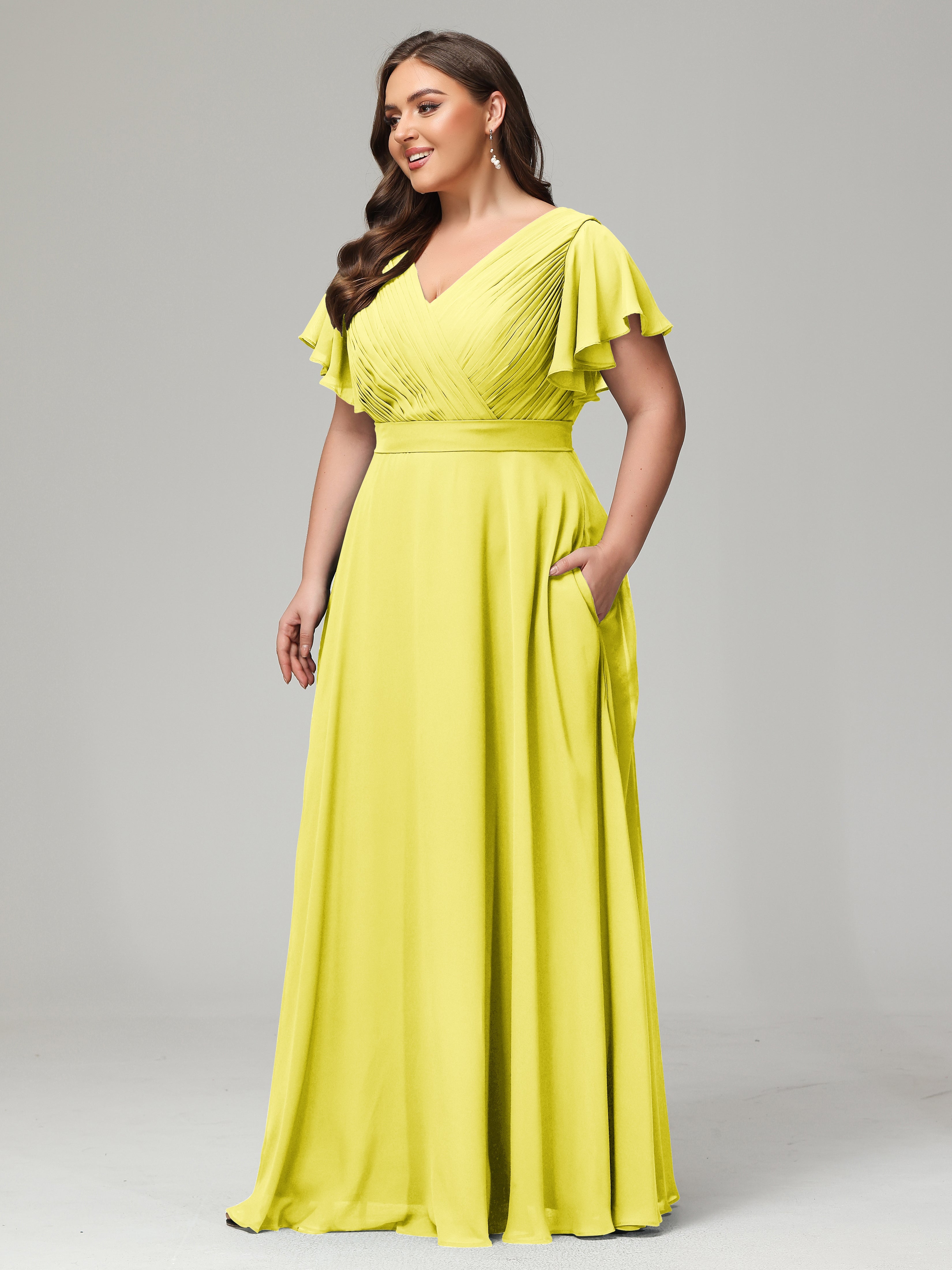 Robes De Demoiselle D'Honneur Citron Grande Taille Dos En V Manches Courtes Mousseline