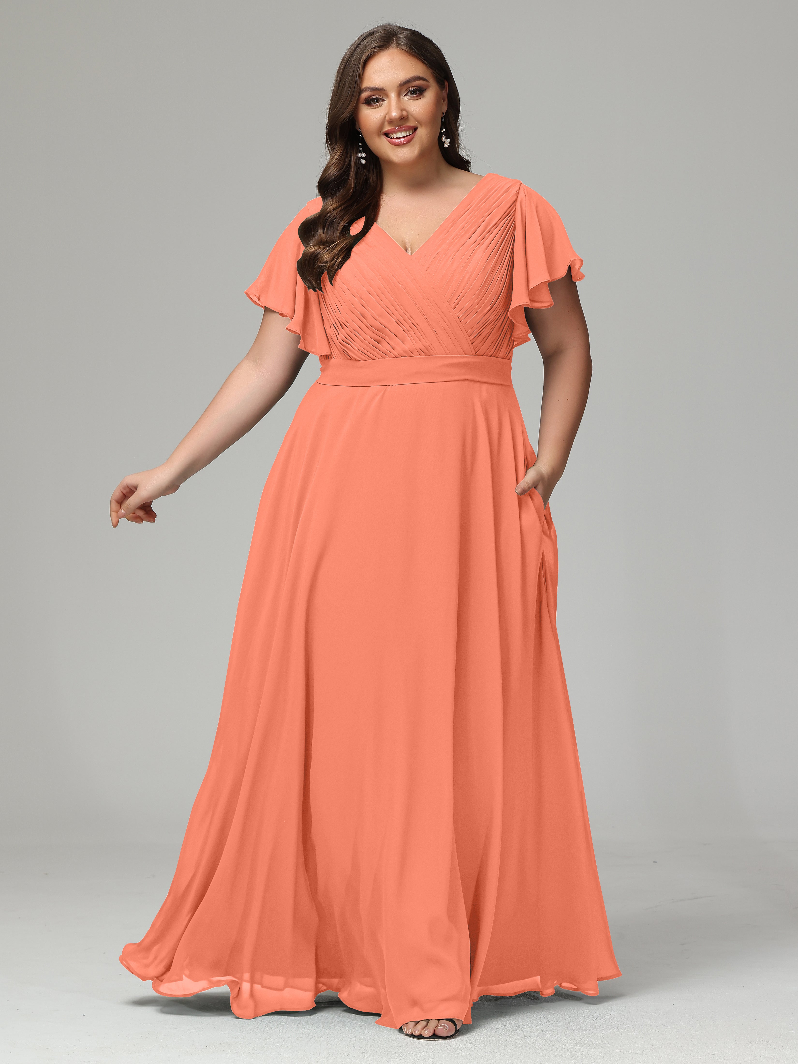 Robes De Demoiselle D'Honneur Coucher De Soleil Grande Taille Dos En V Manches Courtes Mousseline
