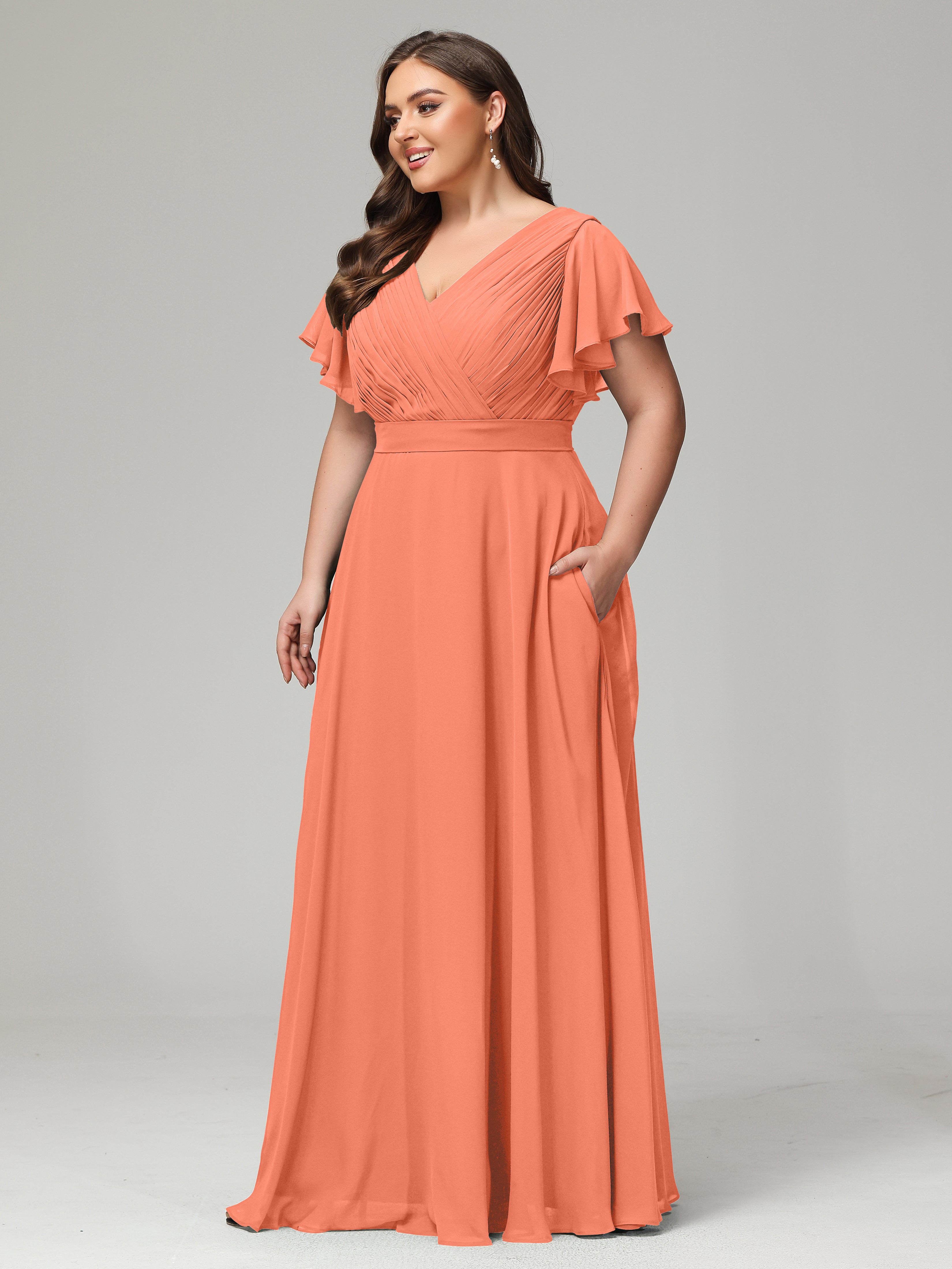 Robes De Demoiselle D'Honneur Coucher De Soleil Grande Taille Dos En V Manches Courtes Mousseline
