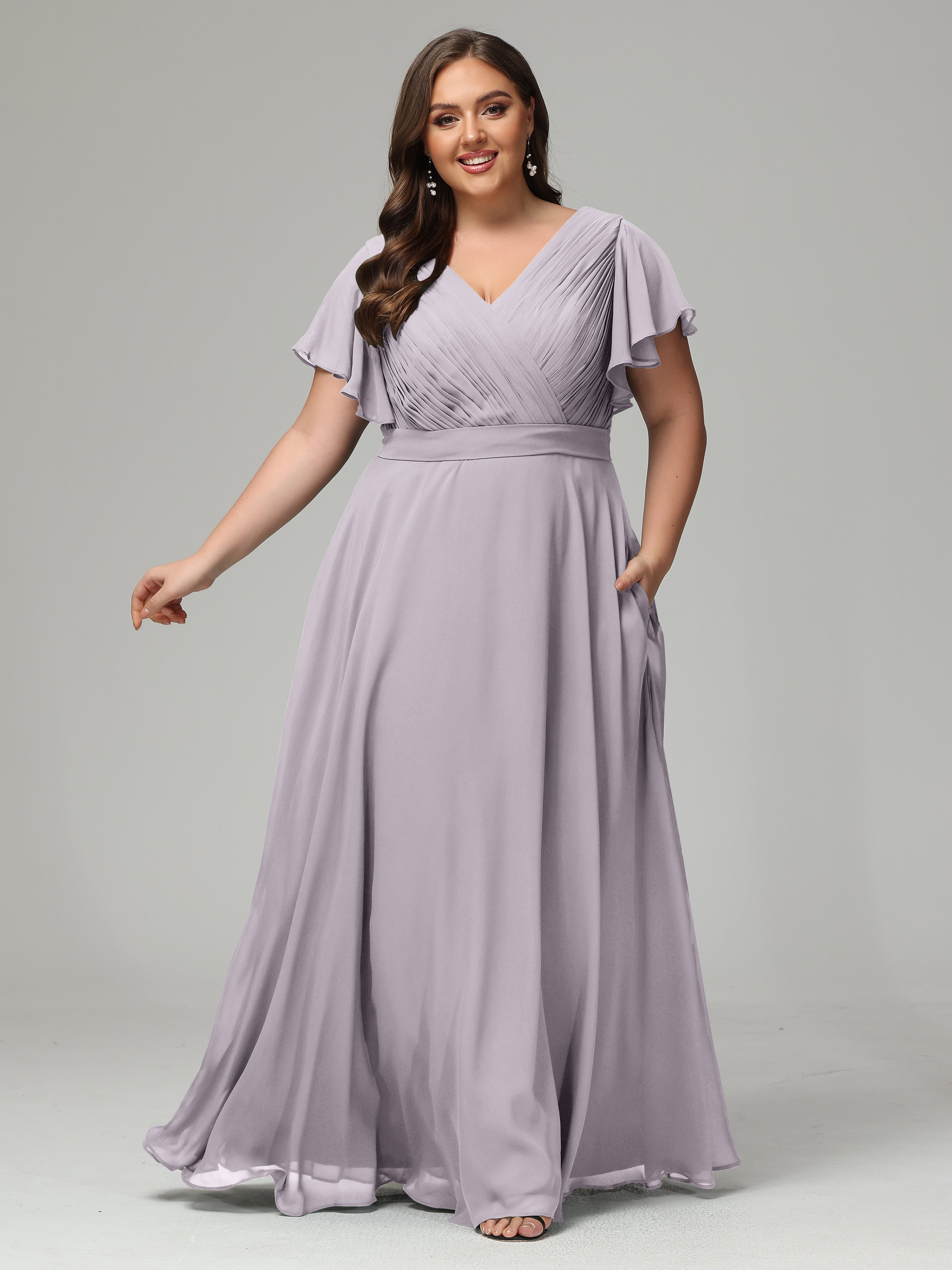 Robes De Demoiselle D'Honneur Crépuscule Grande Taille Dos En V Manches Courtes Mousseline
