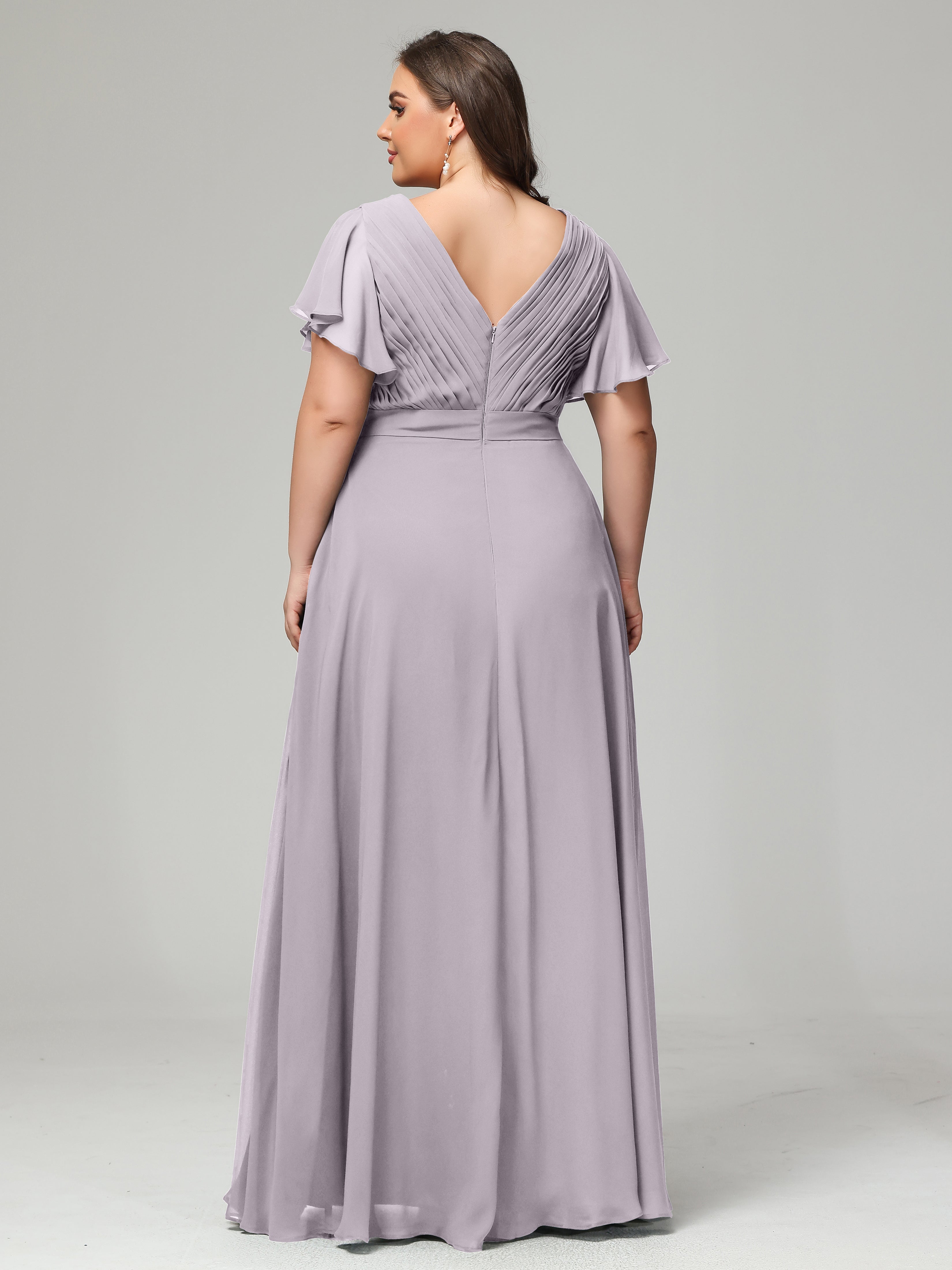 Robes De Demoiselle D'Honneur Crépuscule Grande Taille Dos En V Manches Courtes Mousseline