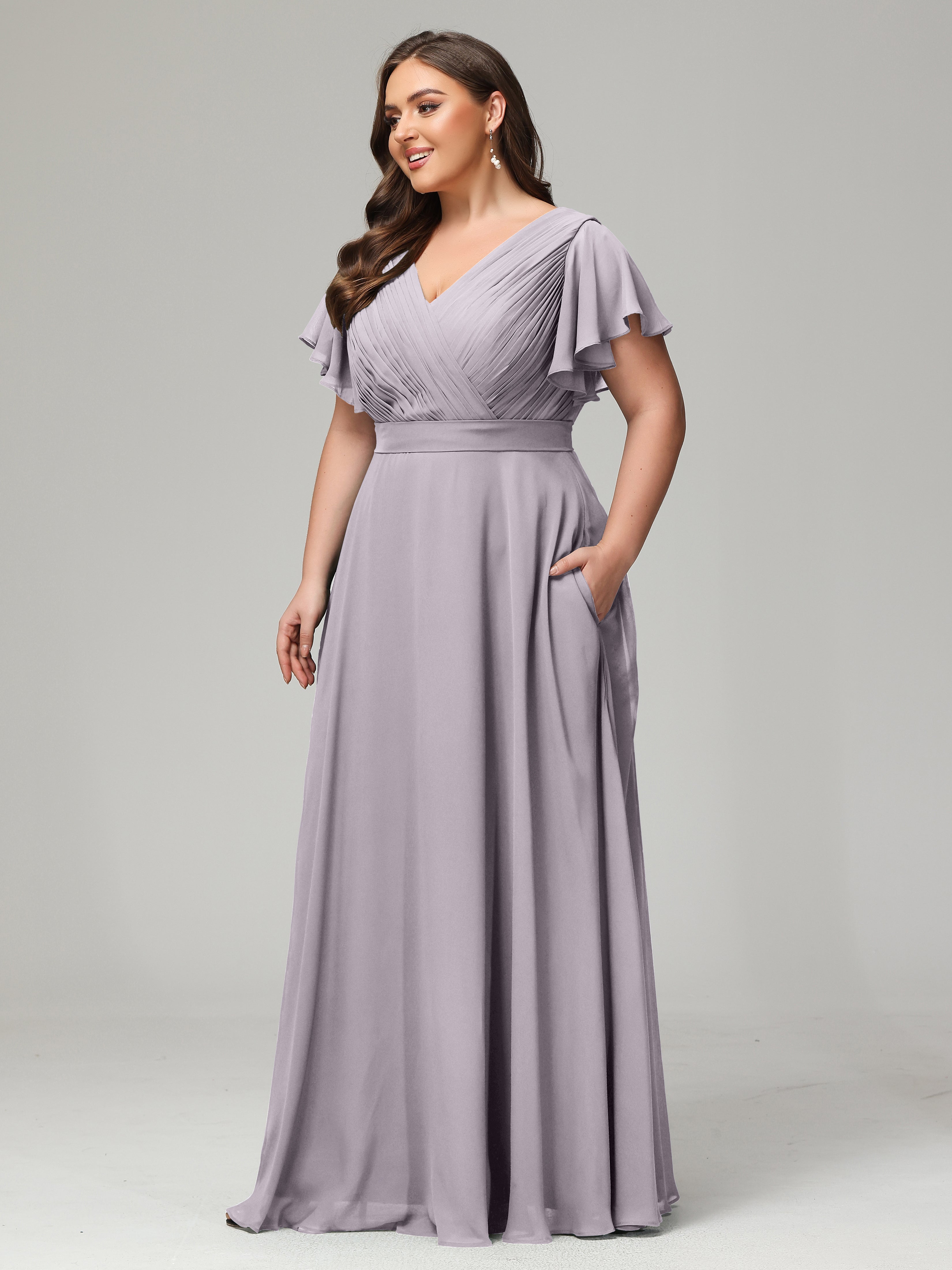 Robes De Demoiselle D'Honneur Crépuscule Grande Taille Dos En V Manches Courtes Mousseline