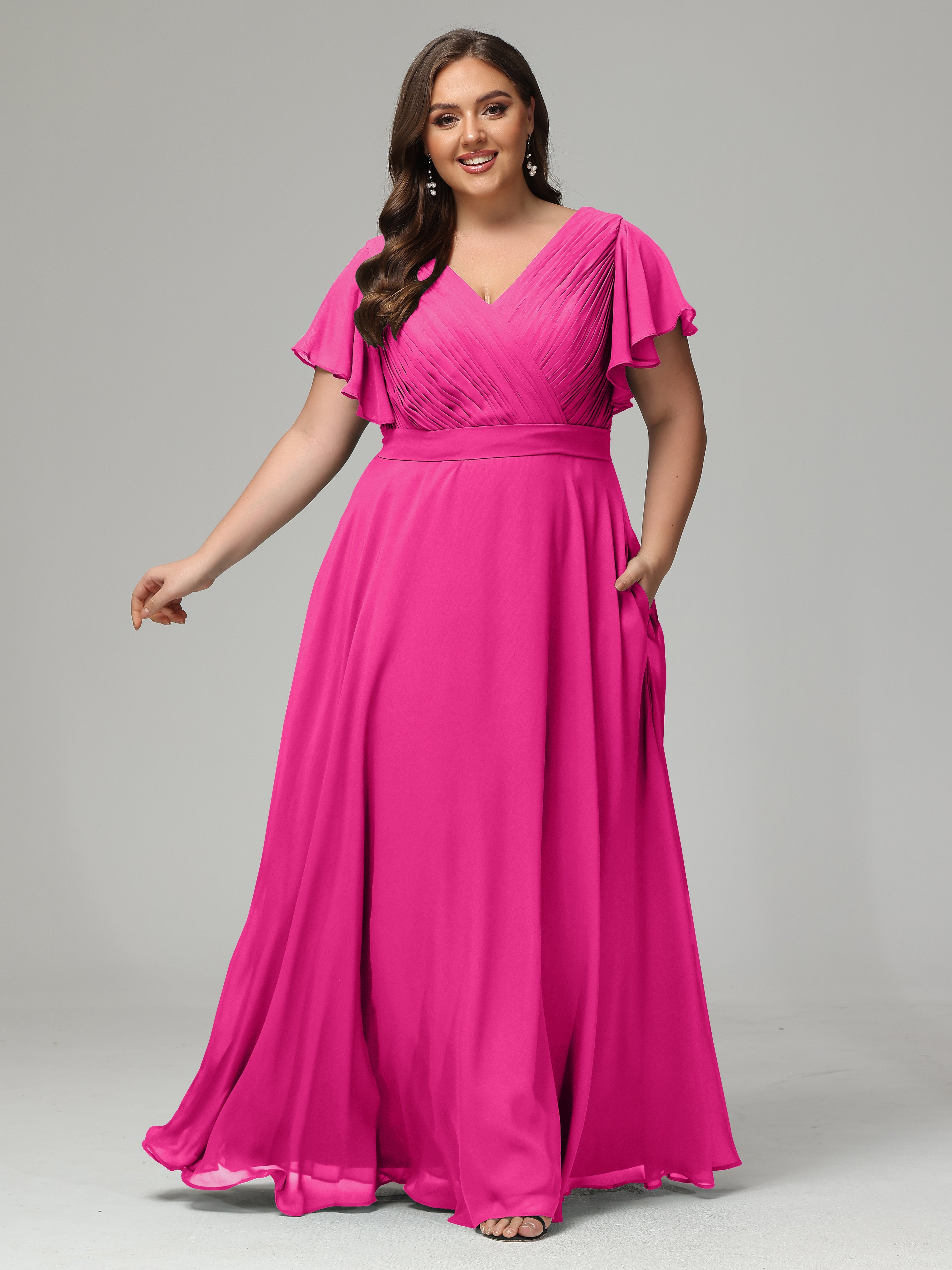 Robes De Demoiselle D'Honneur Rose Fuchsia Grande Taille Dos En V Manches Courtes Mousseline