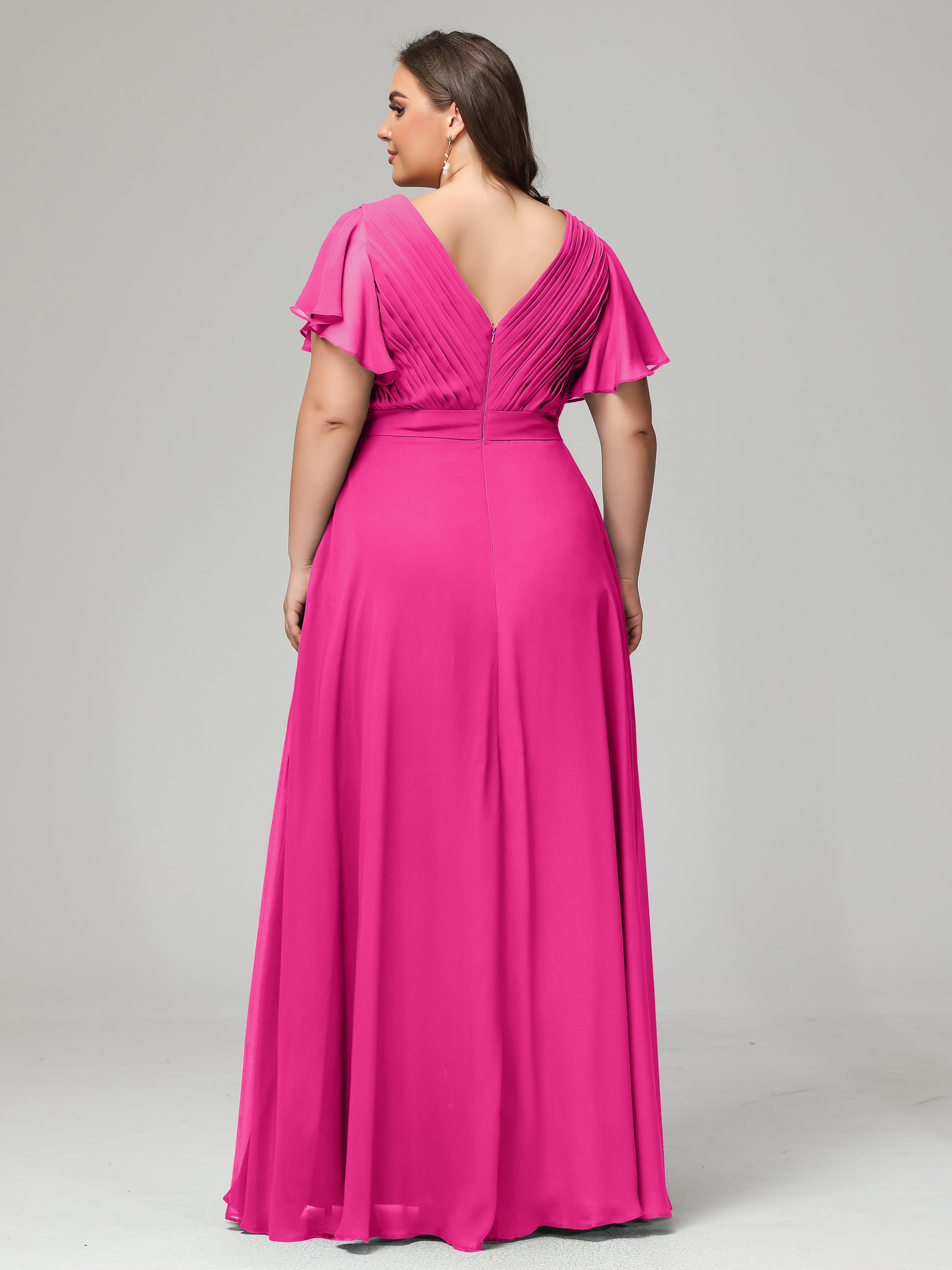 Robes De Demoiselle D'Honneur Rose Fuchsia Grande Taille Dos En V Manches Courtes Mousseline
