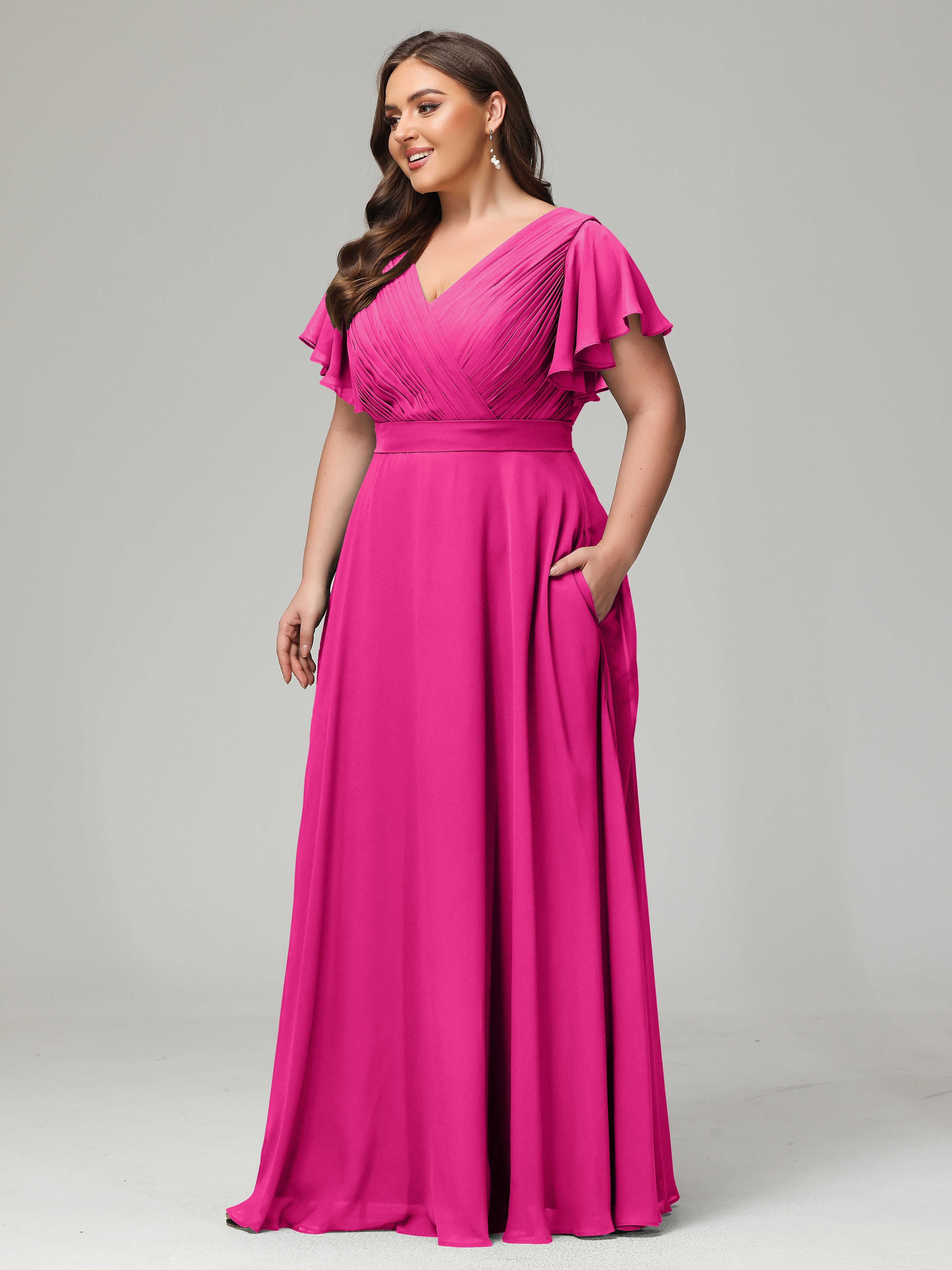 Robes De Demoiselle D'Honneur Rose Fuchsia Grande Taille Dos En V Manches Courtes Mousseline