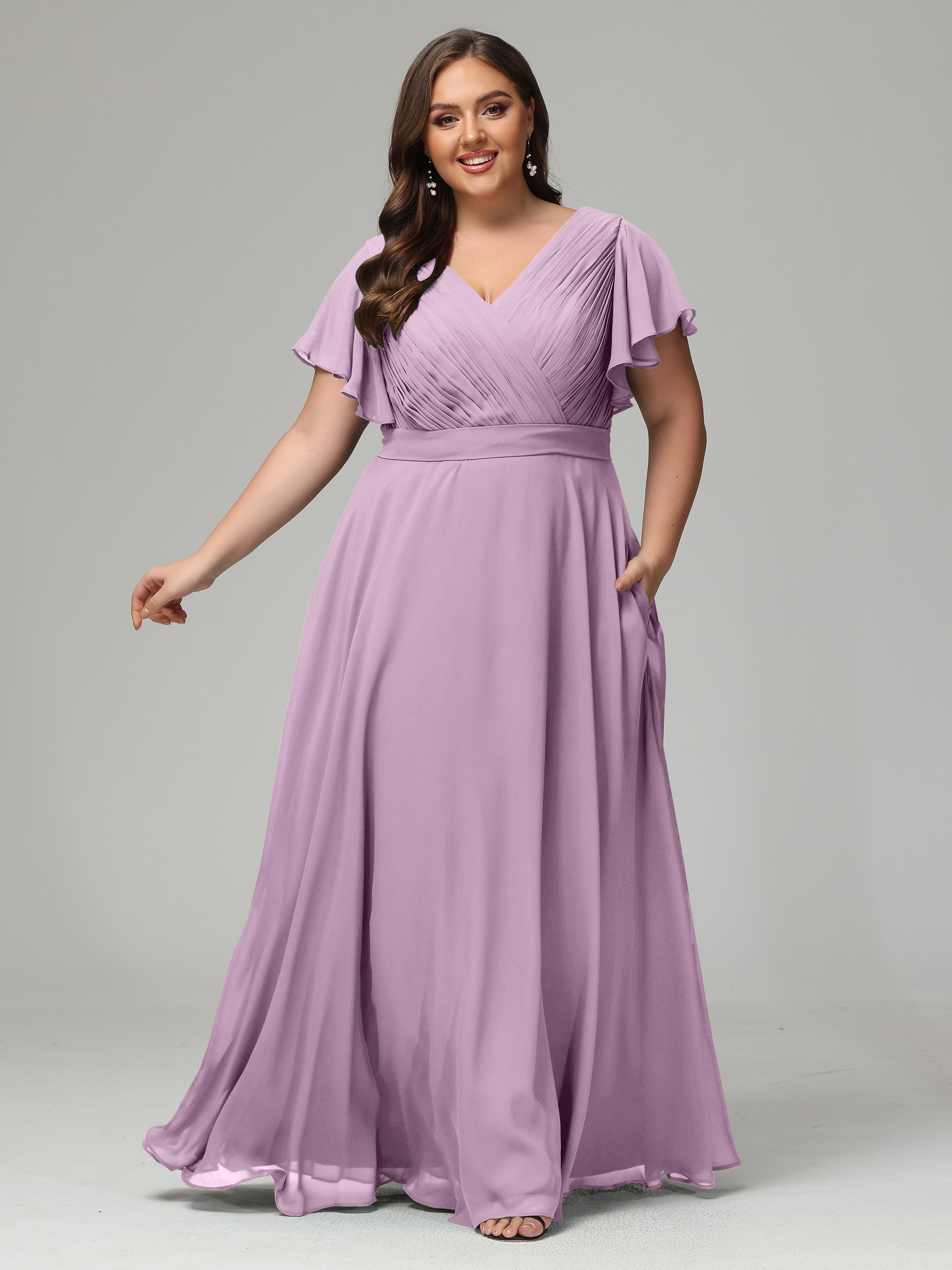 Robes De Demoiselle D'Honneur Glycine Grande Taille Dos En V Manches Courtes Mousseline