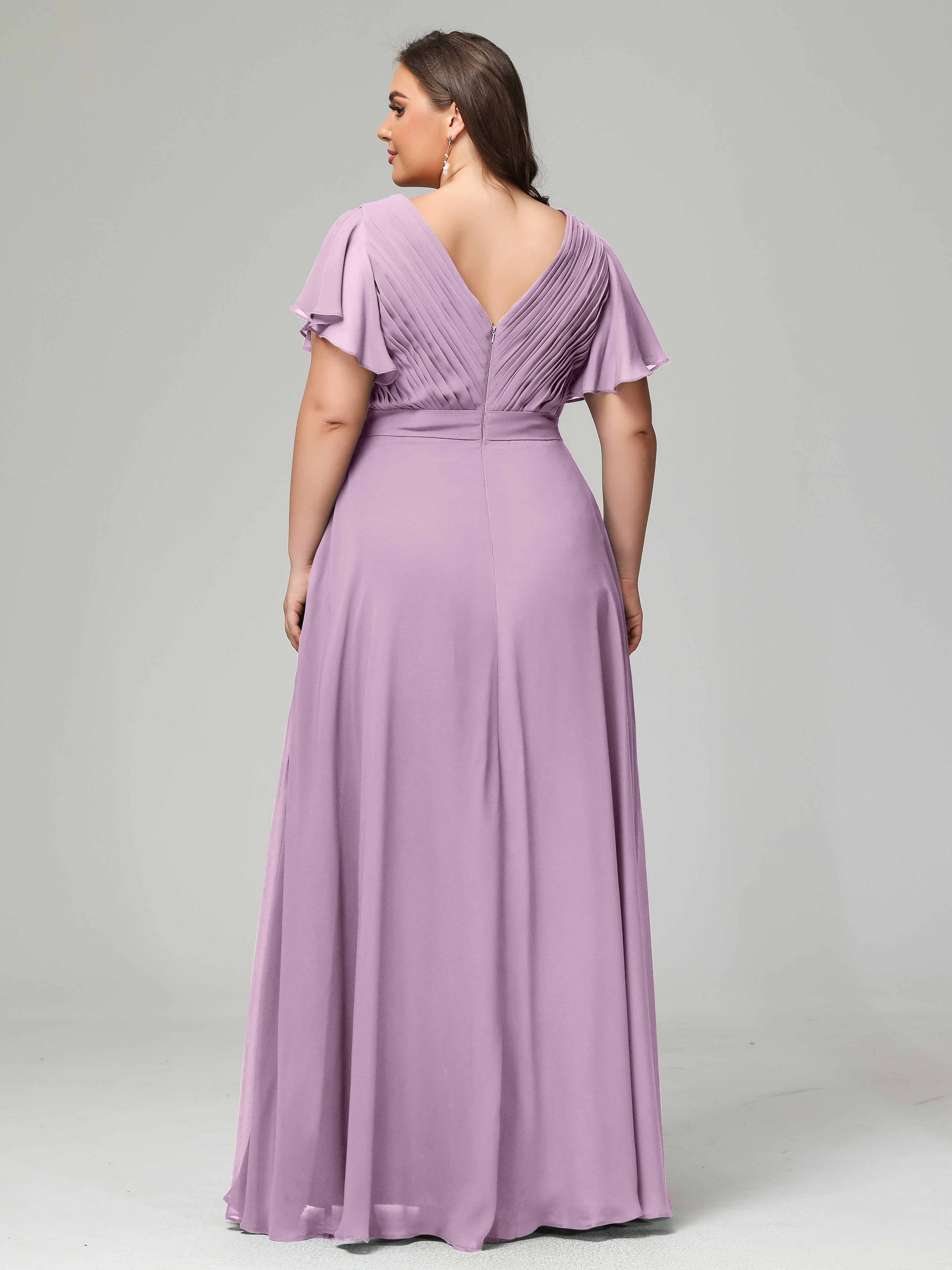 Robes De Demoiselle D'Honneur Glycine Grande Taille Dos En V Manches Courtes Mousseline
