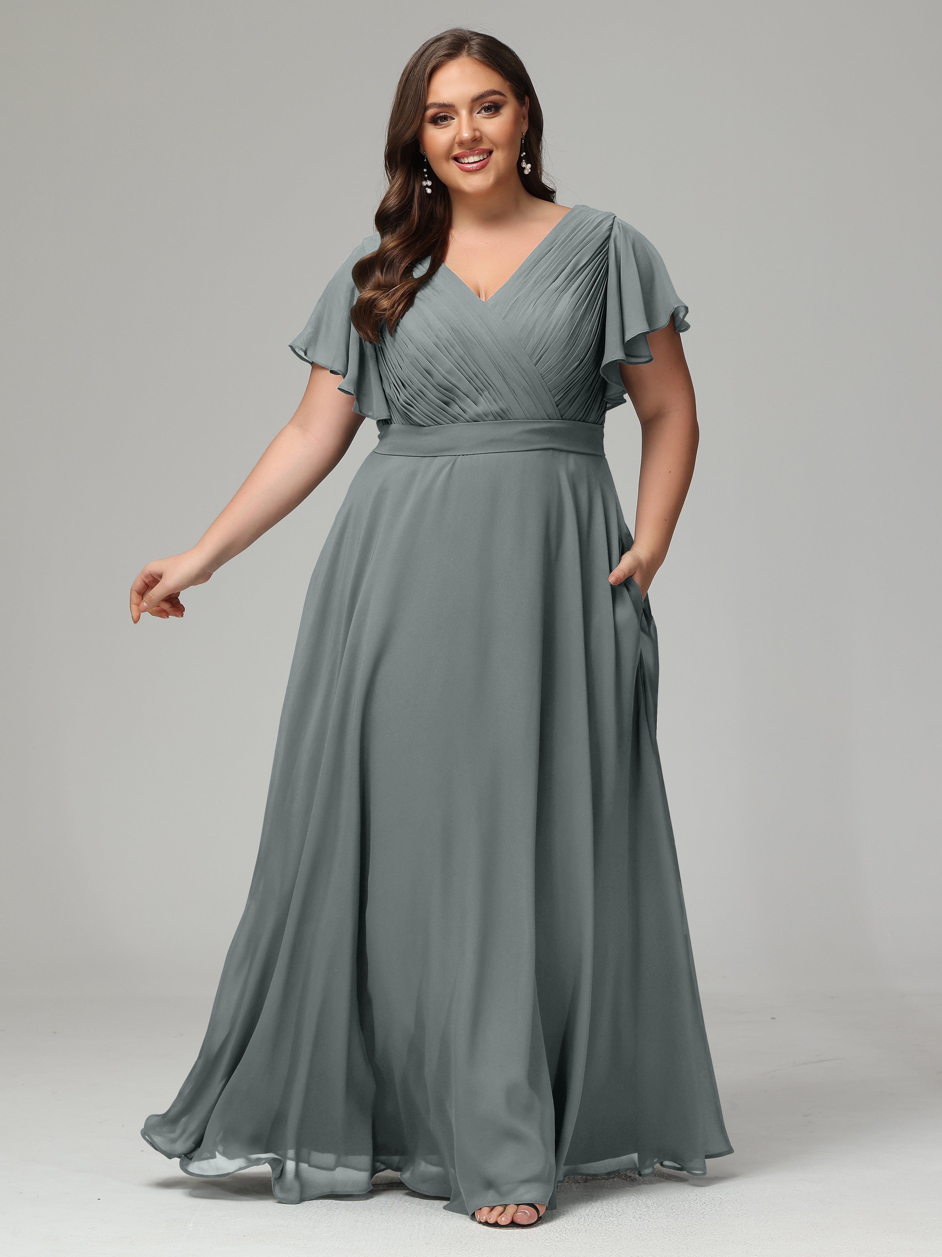 Robe De Demoiselle D Honneur Gris Grande Taille Dos En V Manches Courtes Mousseline