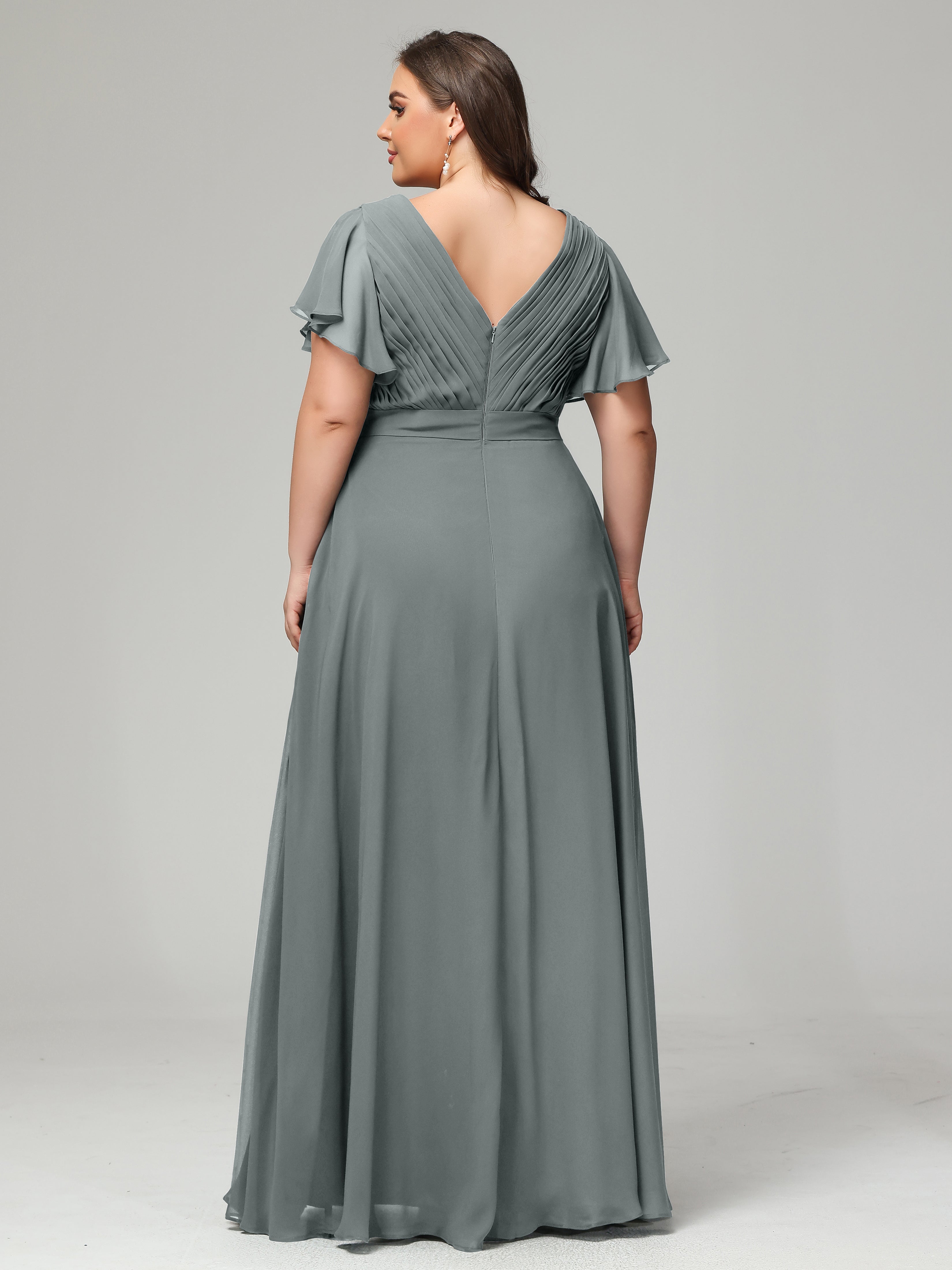 Robe De Demoiselle D Honneur Gris Grande Taille Dos En V Manches Courtes Mousseline
