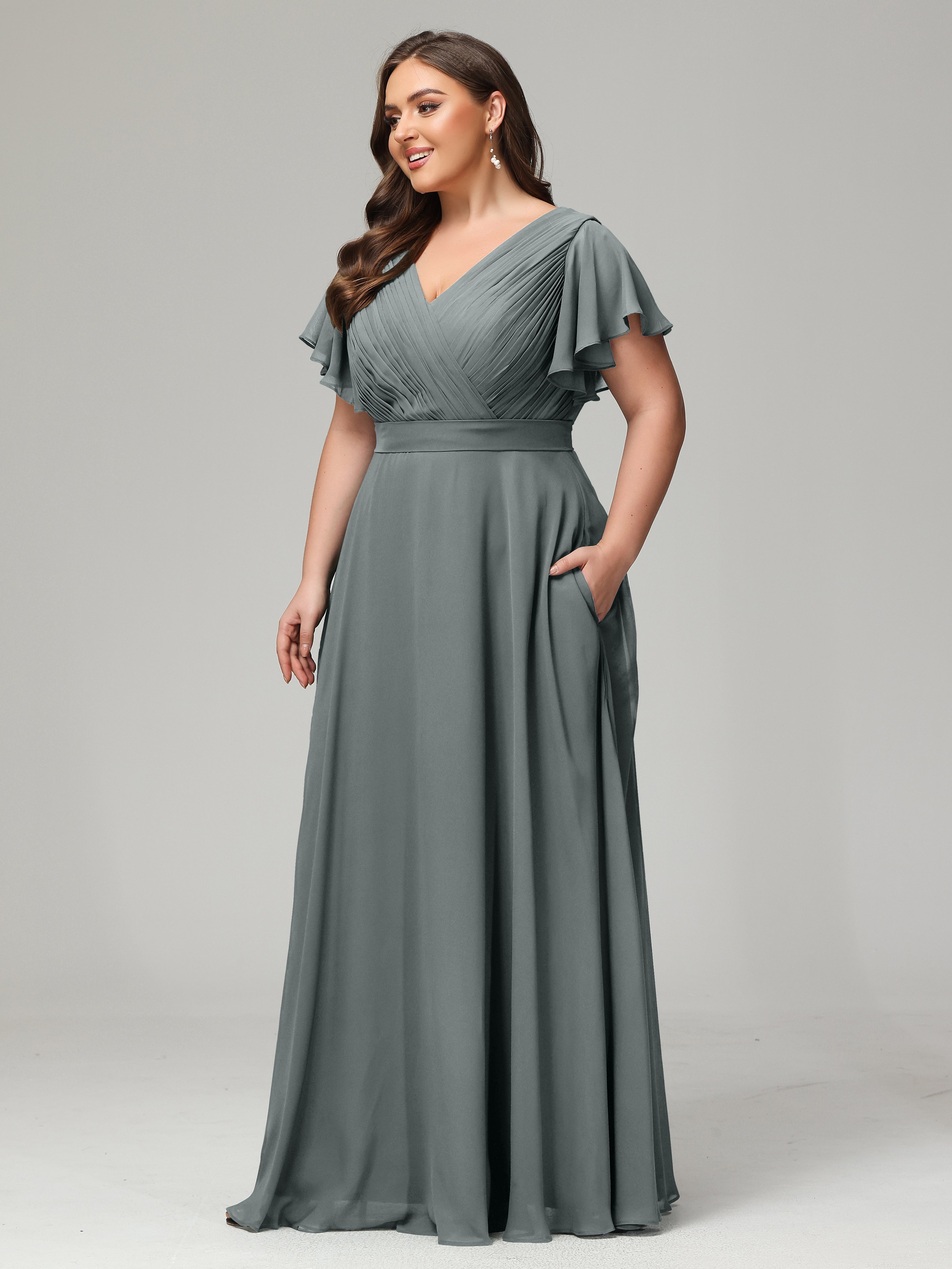 Robe De Demoiselle D Honneur Gris Grande Taille Dos En V Manches Courtes Mousseline