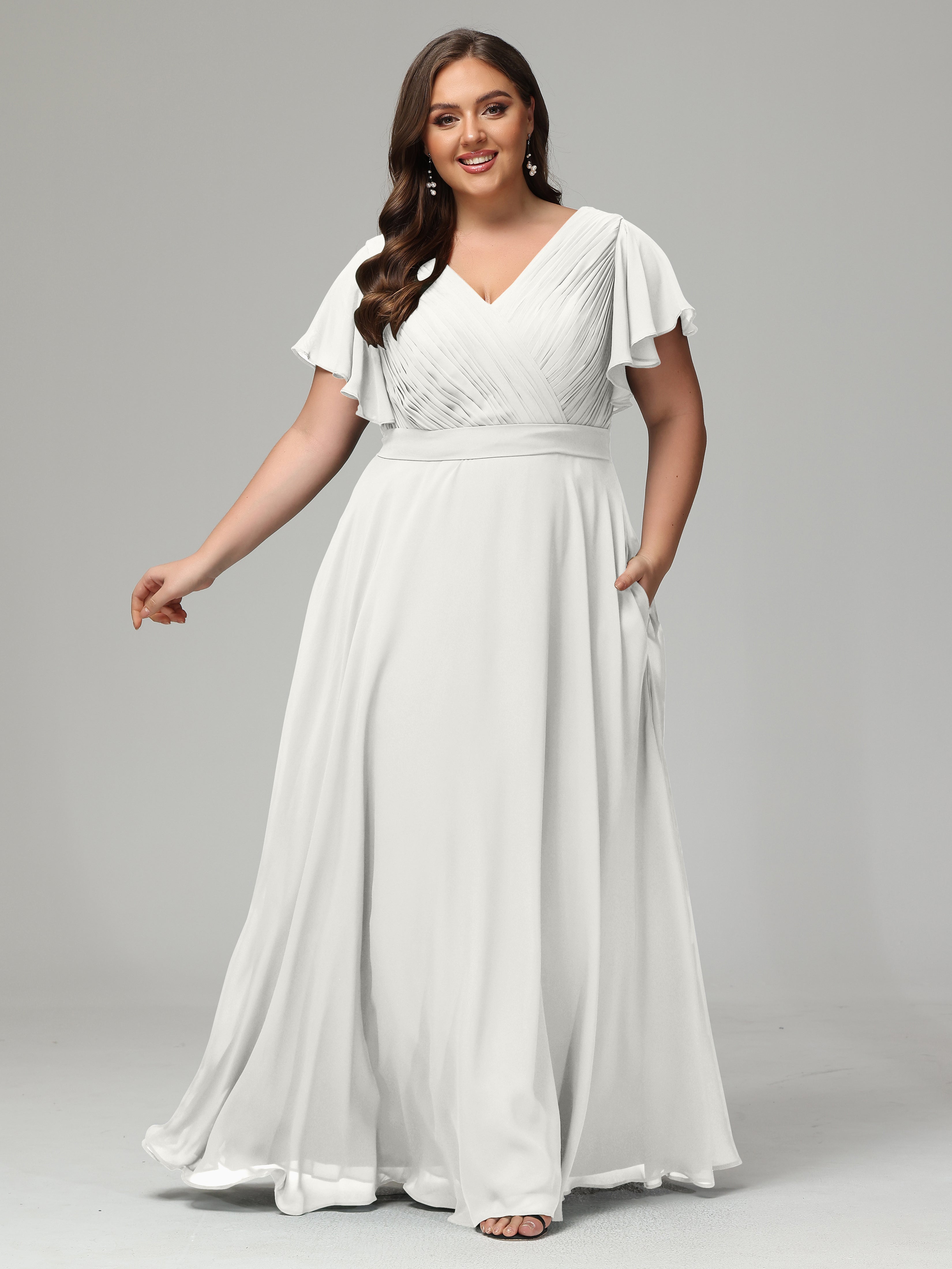 Robe Ivoire Demoiselle D Honneur Grande Taille Dos En V Manches Courtes Mousseline