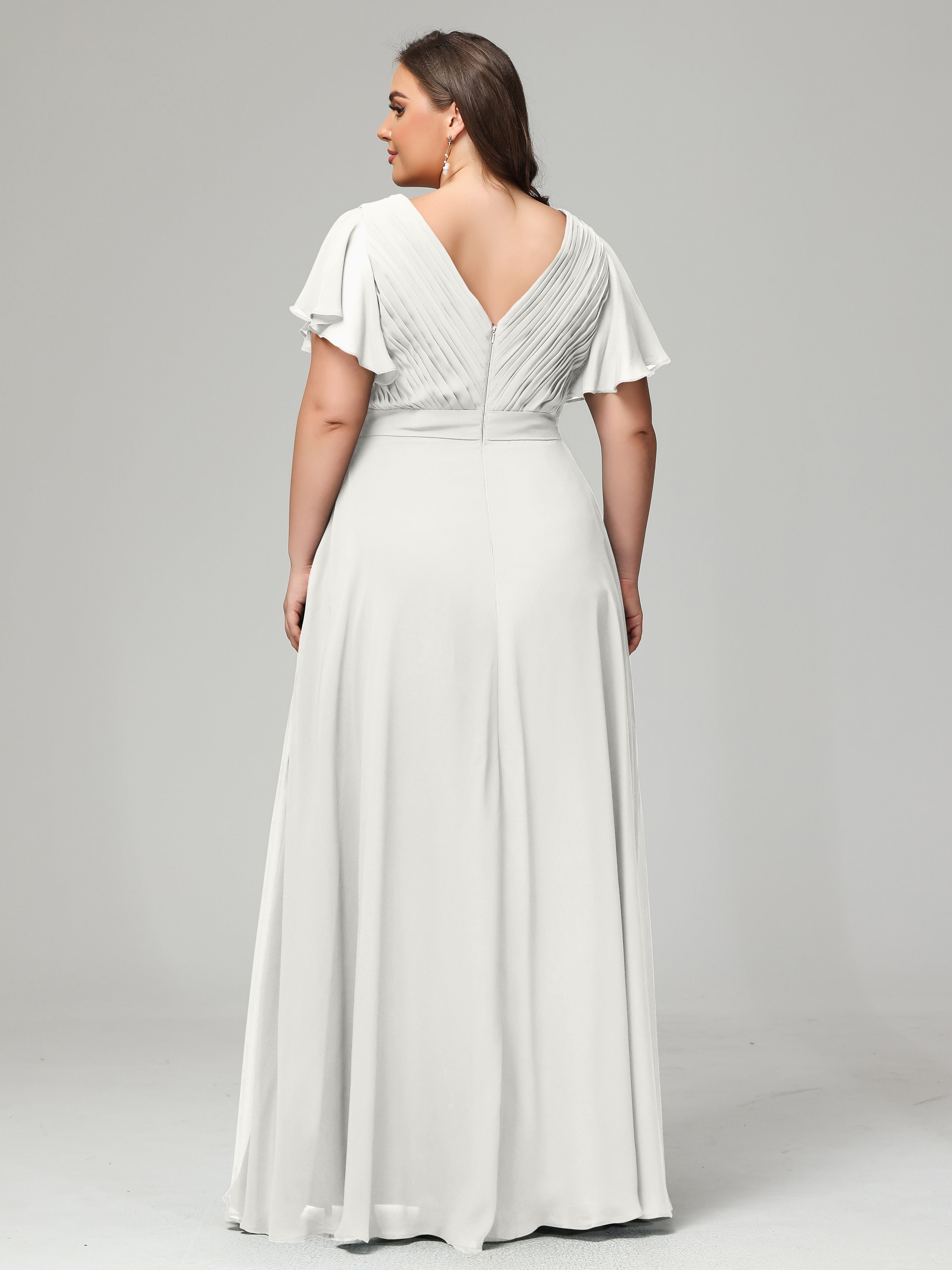 Robe Ivoire Demoiselle D Honneur Grande Taille Dos En V Manches Courtes Mousseline