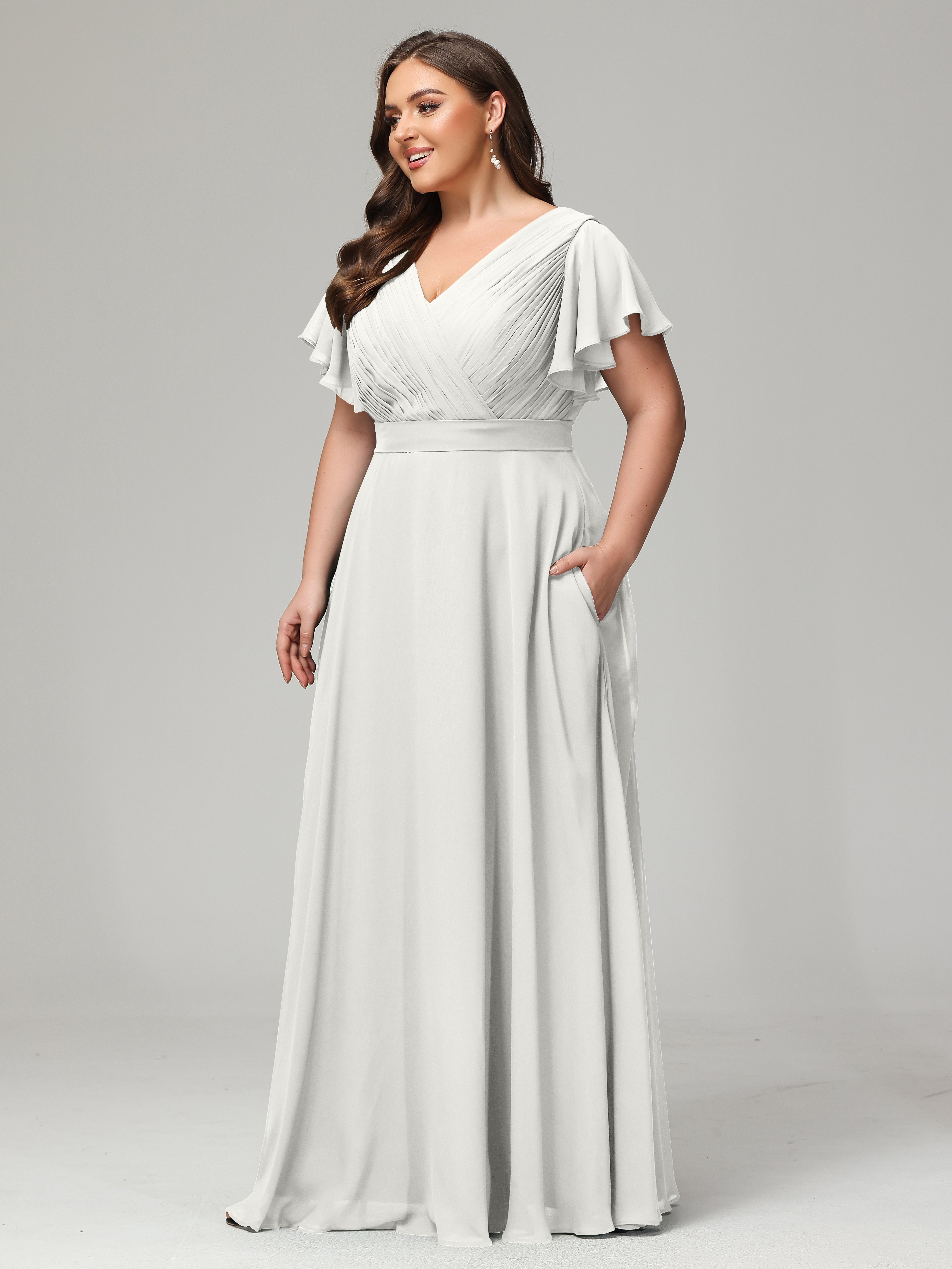 Robe Ivoire Demoiselle D Honneur Grande Taille Dos En V Manches Courtes Mousseline