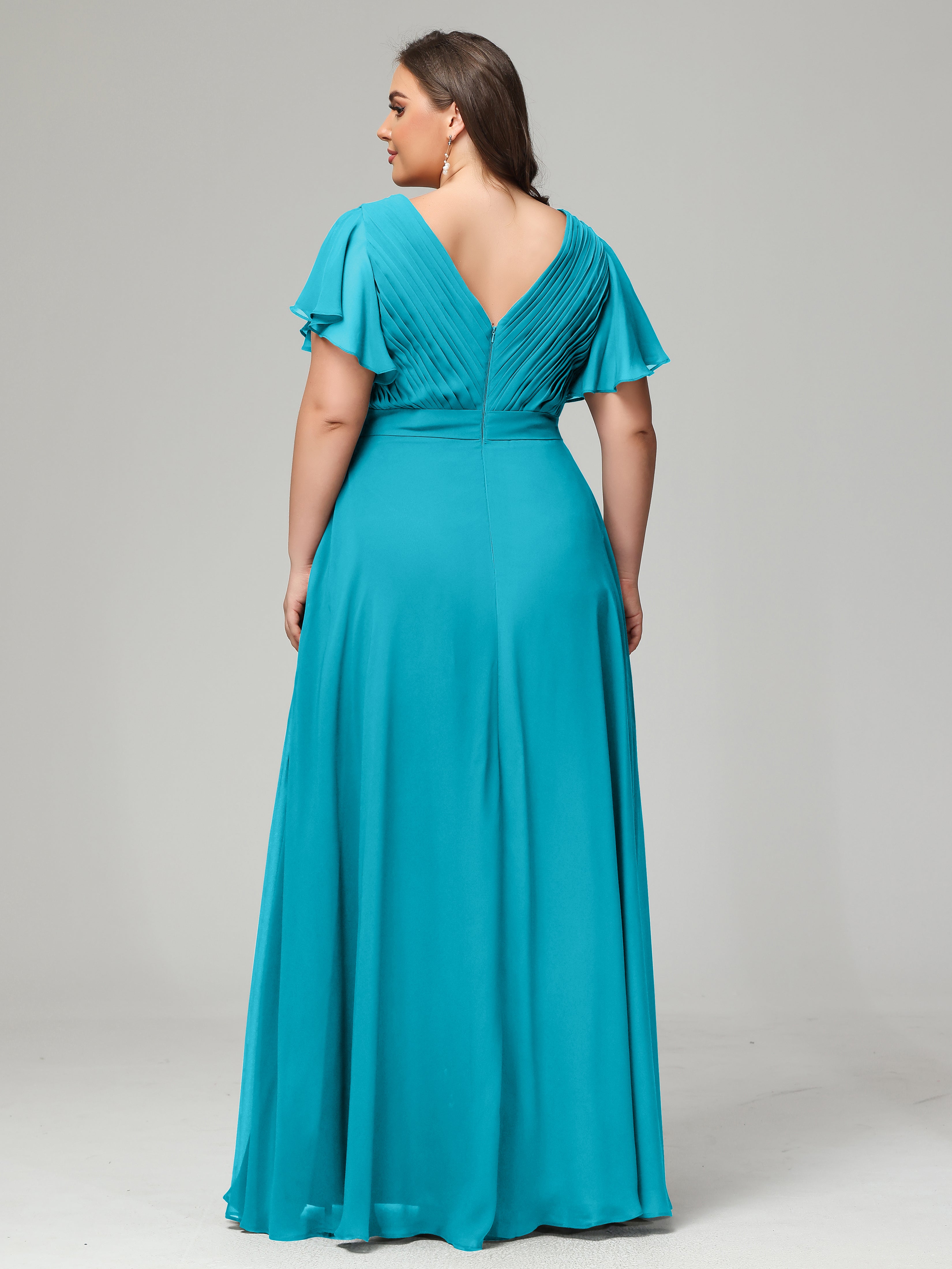Robes De Demoiselle D'Honneur Vert Jade Grande Taille Dos En V Manches Courtes Mousseline