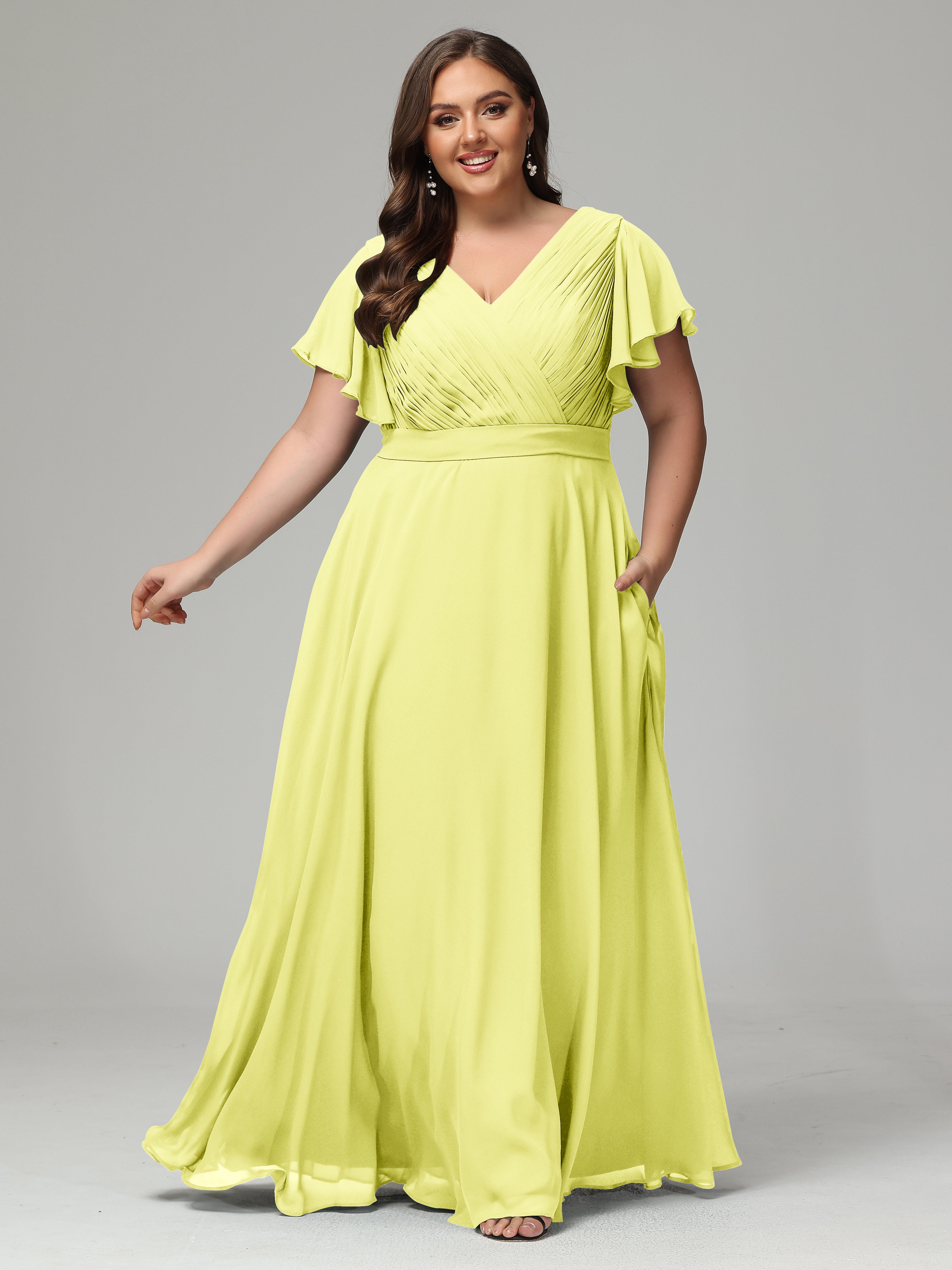 Robes De Demoiselle D'Honneur Jonquille Grande Taille Dos En V Manches Courtes Mousseline