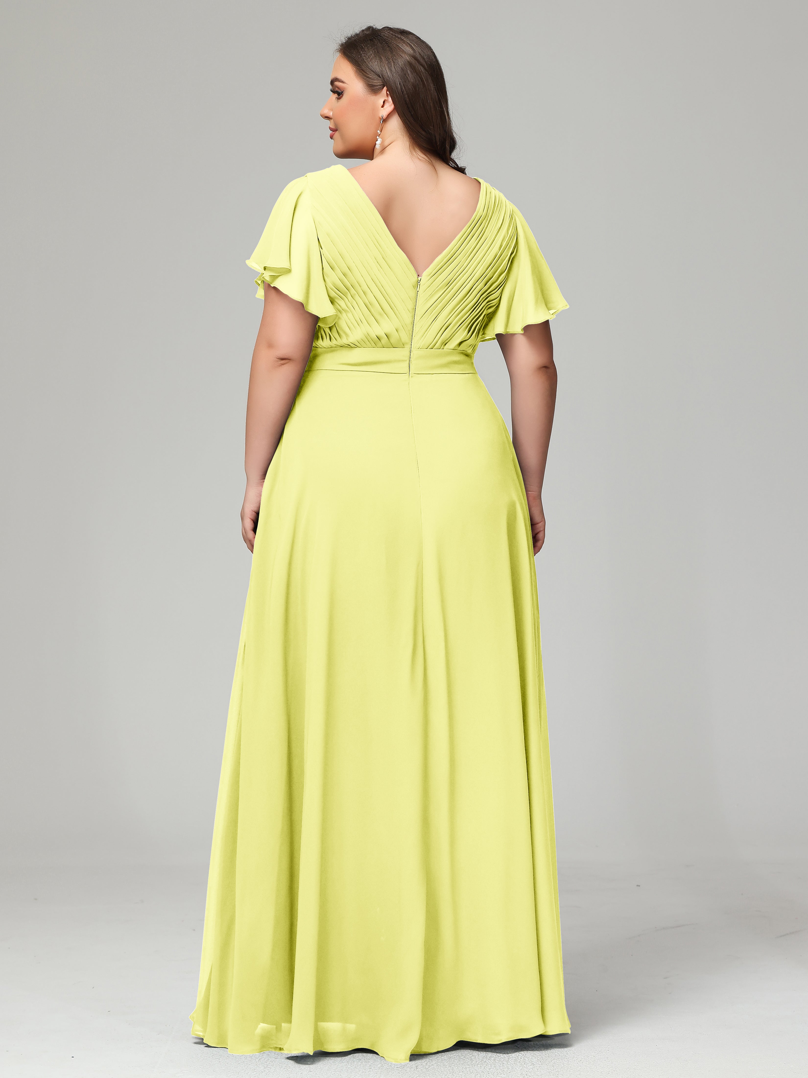 Robes De Demoiselle D'Honneur Jonquille Grande Taille Dos En V Manches Courtes Mousseline