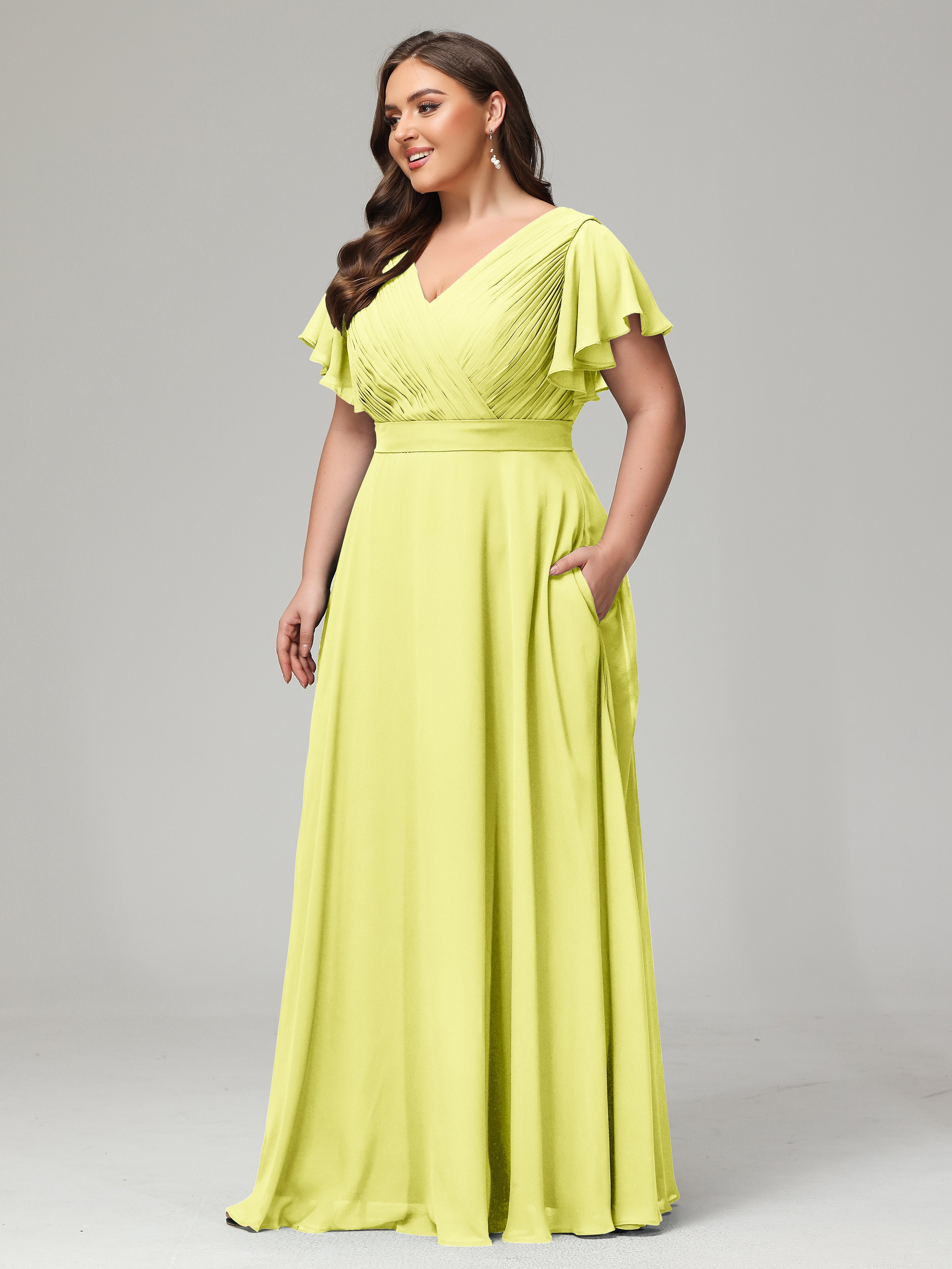 Robes De Demoiselle D'Honneur Jonquille Grande Taille Dos En V Manches Courtes Mousseline