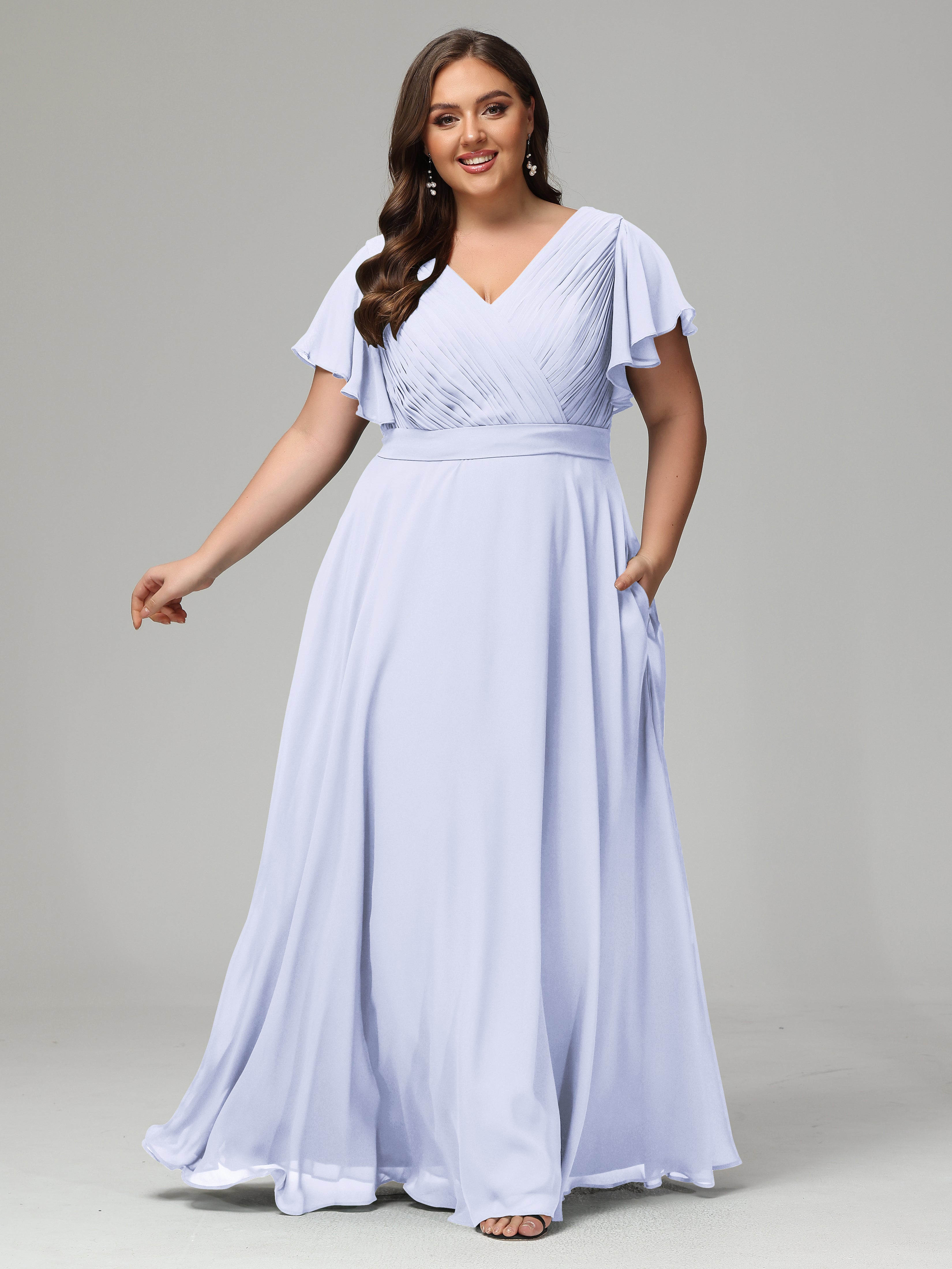 Robe Lavande Demoiselle D Honneur Grande Taille Dos En V Manches Courtes Mousseline