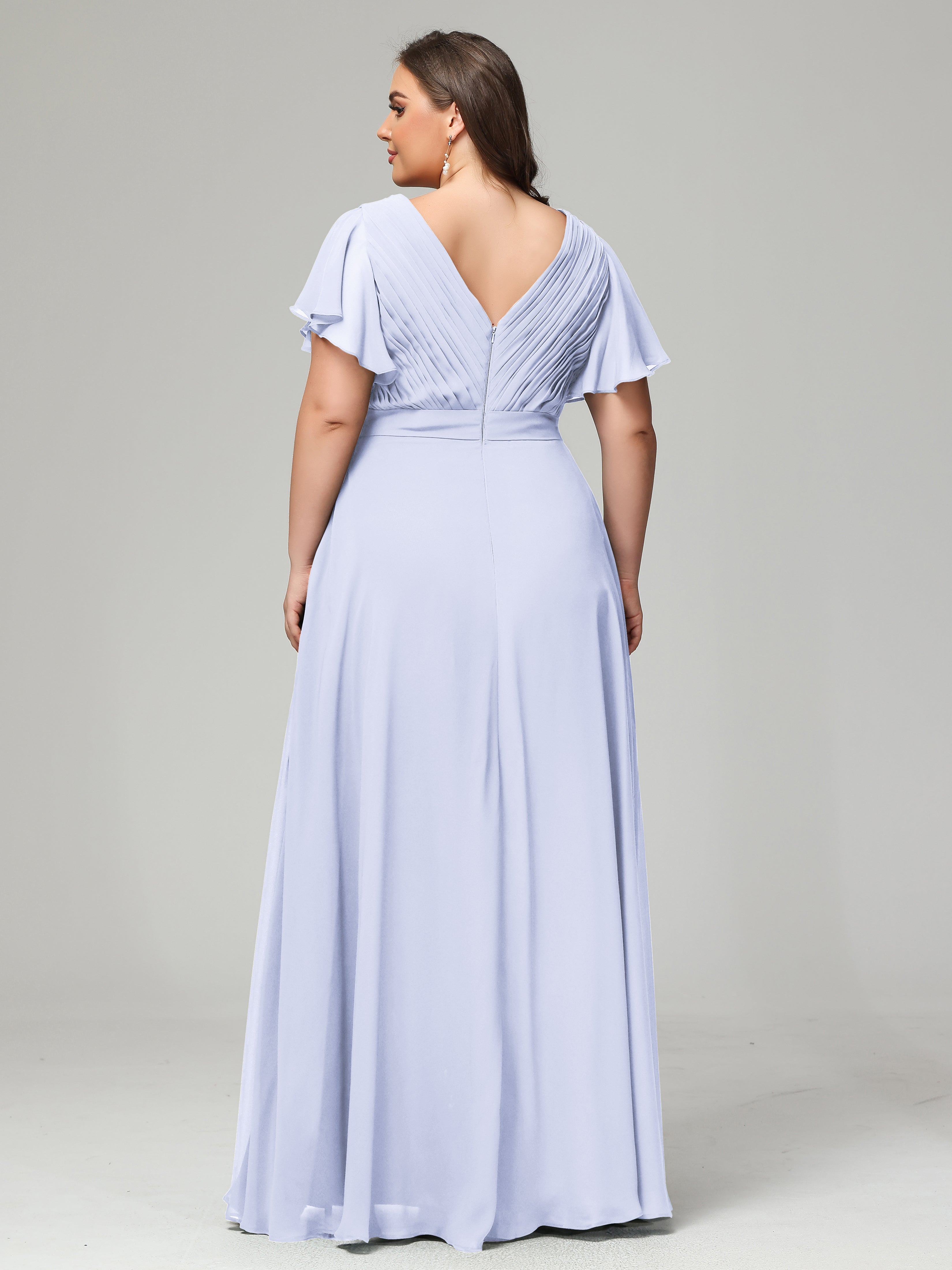 Robe Lavande Demoiselle D Honneur Grande Taille Dos En V Manches Courtes Mousseline
