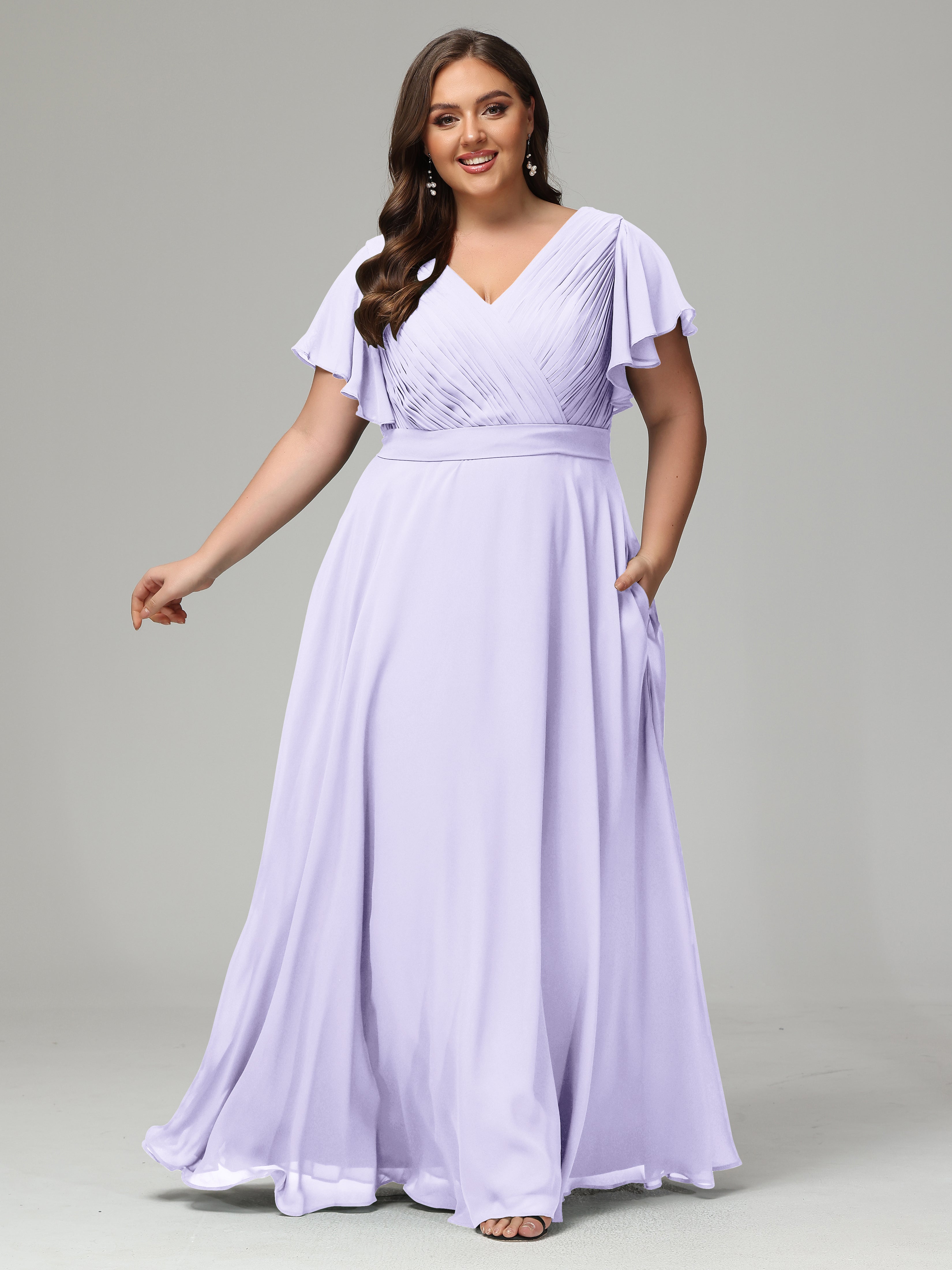Demoiselle Robe Cocktail Robe Lilas Grande Taille Dos En V Manches Courtes Mousseline