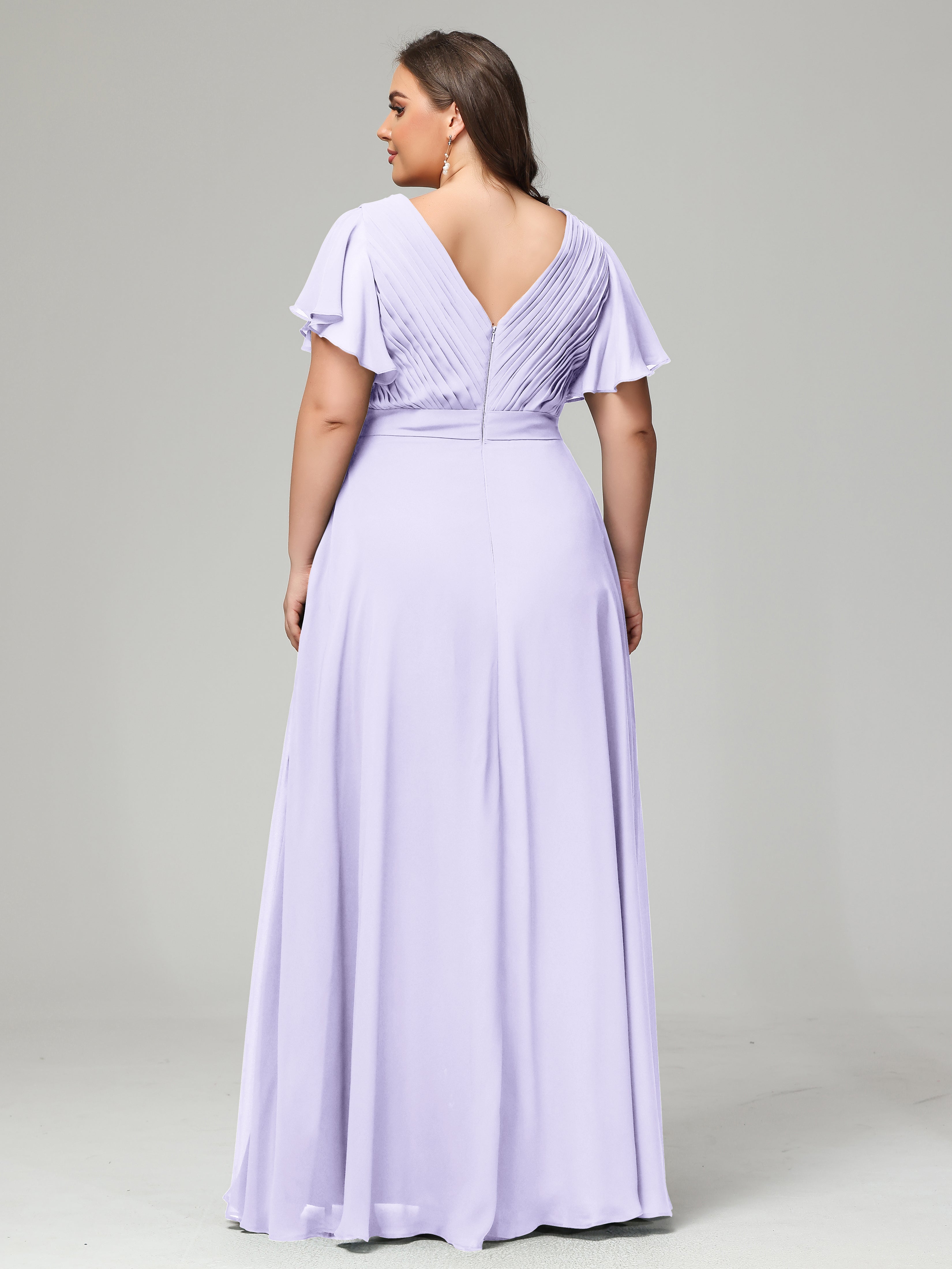 Demoiselle Robe Cocktail Robe Lilas Grande Taille Dos En V Manches Courtes Mousseline