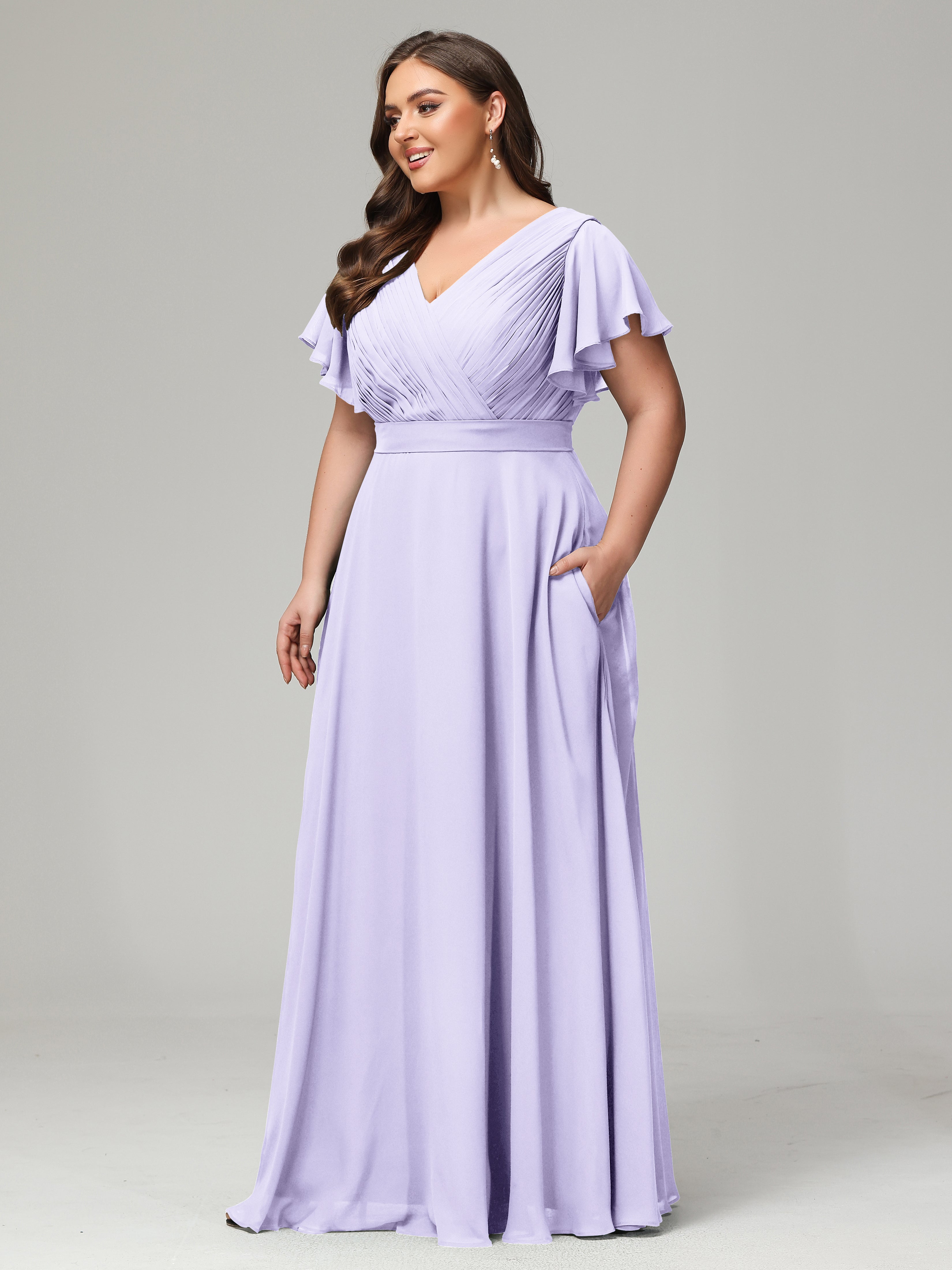 Demoiselle Robe Cocktail Robe Lilas Grande Taille Dos En V Manches Courtes Mousseline