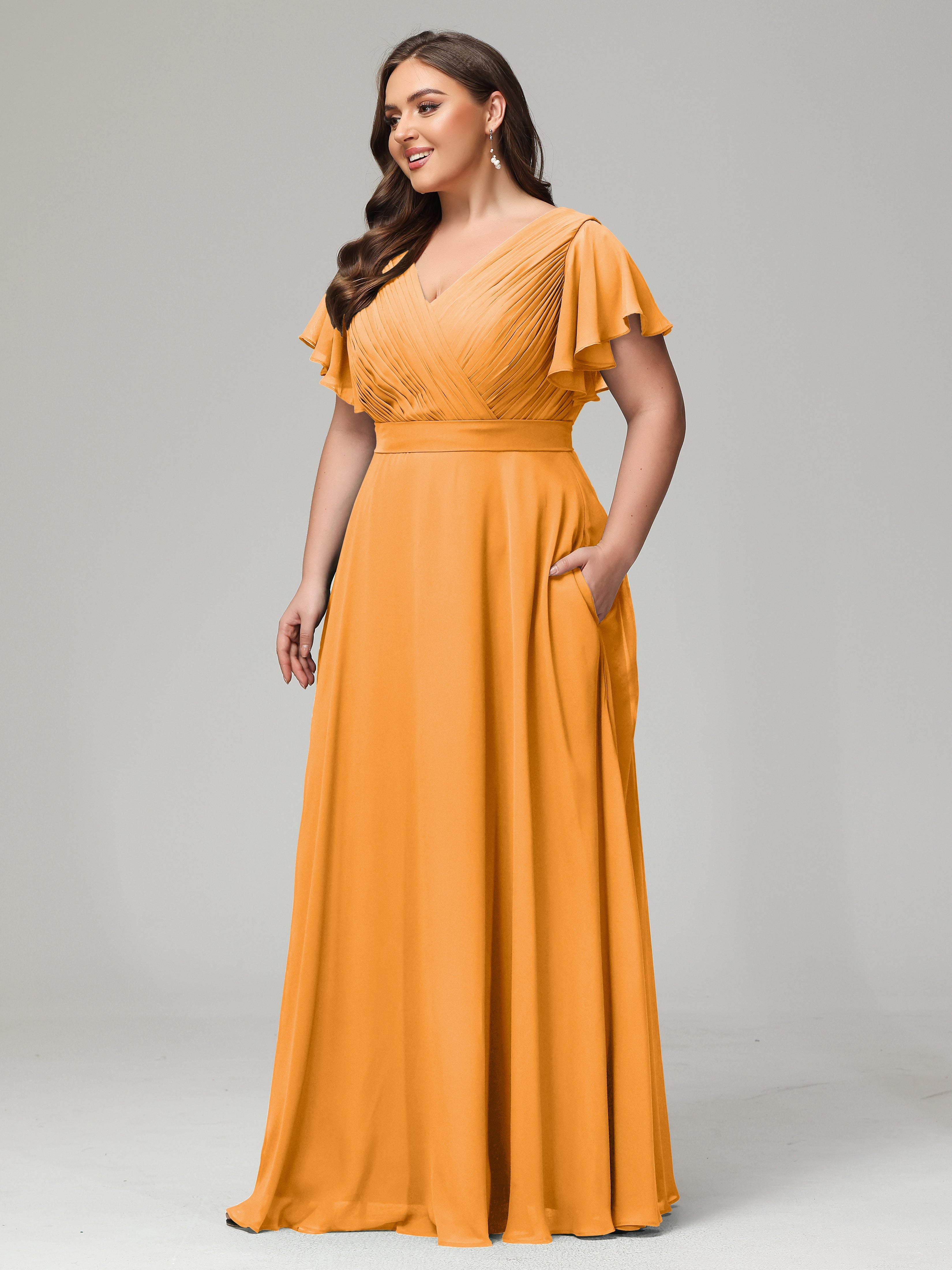 Robes De Demoiselle D'Honneur Mandarine Grande Taille Dos En V Manches Courtes Mousseline