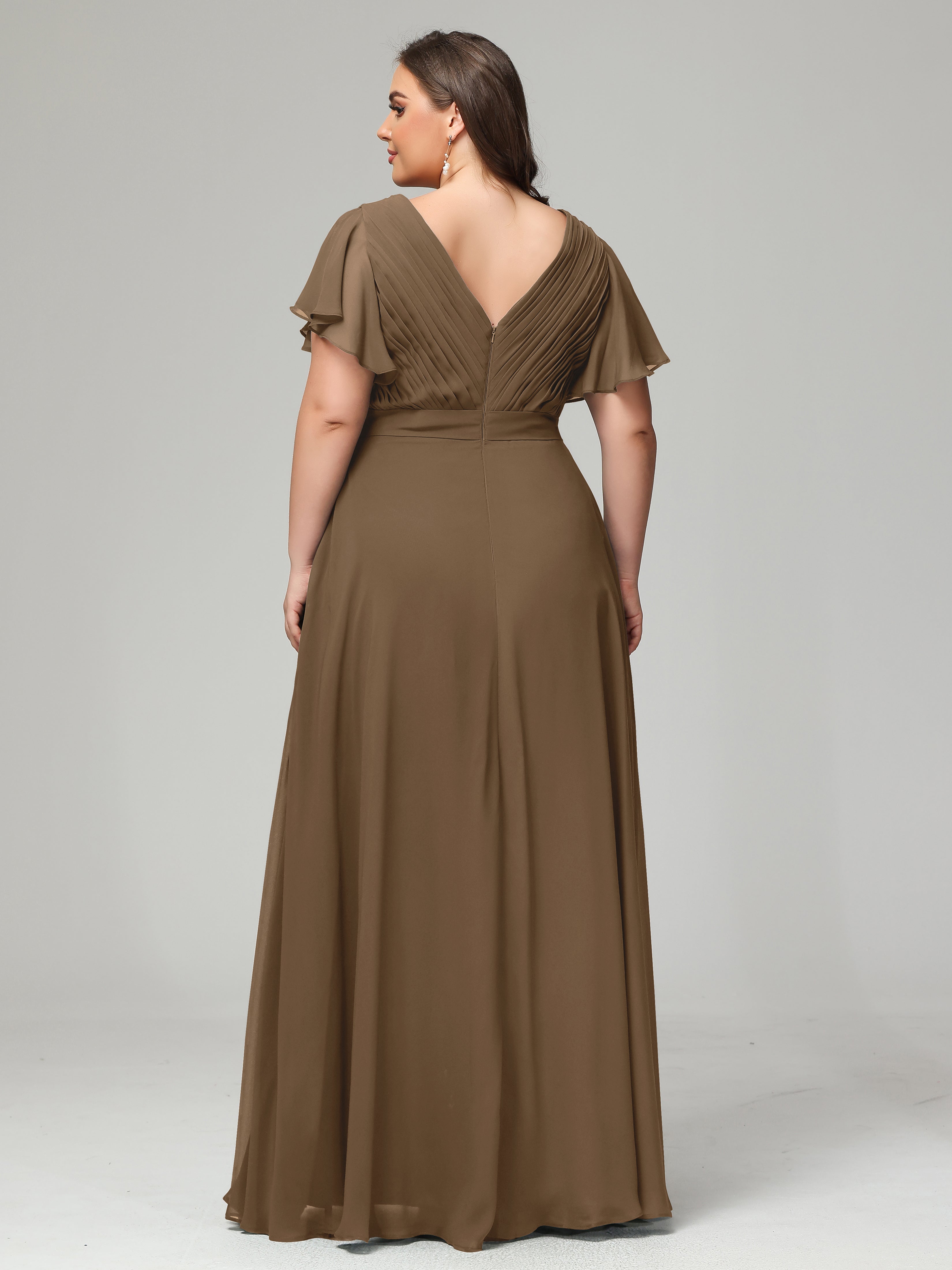 Robe De Demoiselle D'Honneur Moka Dos En V Manches Courtes Mousseline Robes Demoiselle D'Honneur Grande Taille