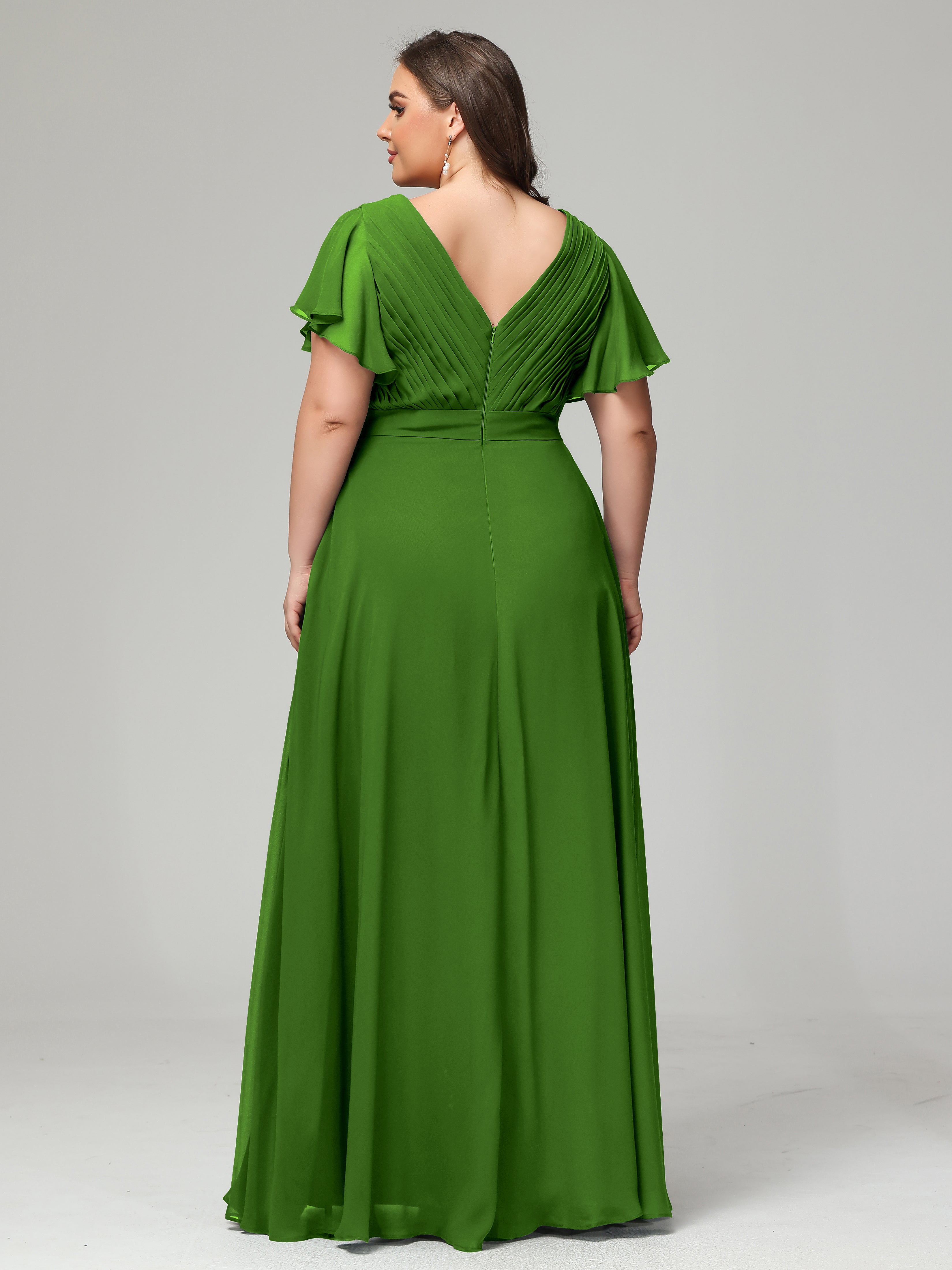 Robes De Demoiselle D'Honneur Vert Mousse Grande Taille Dos En V Manches Courtes Mousseline