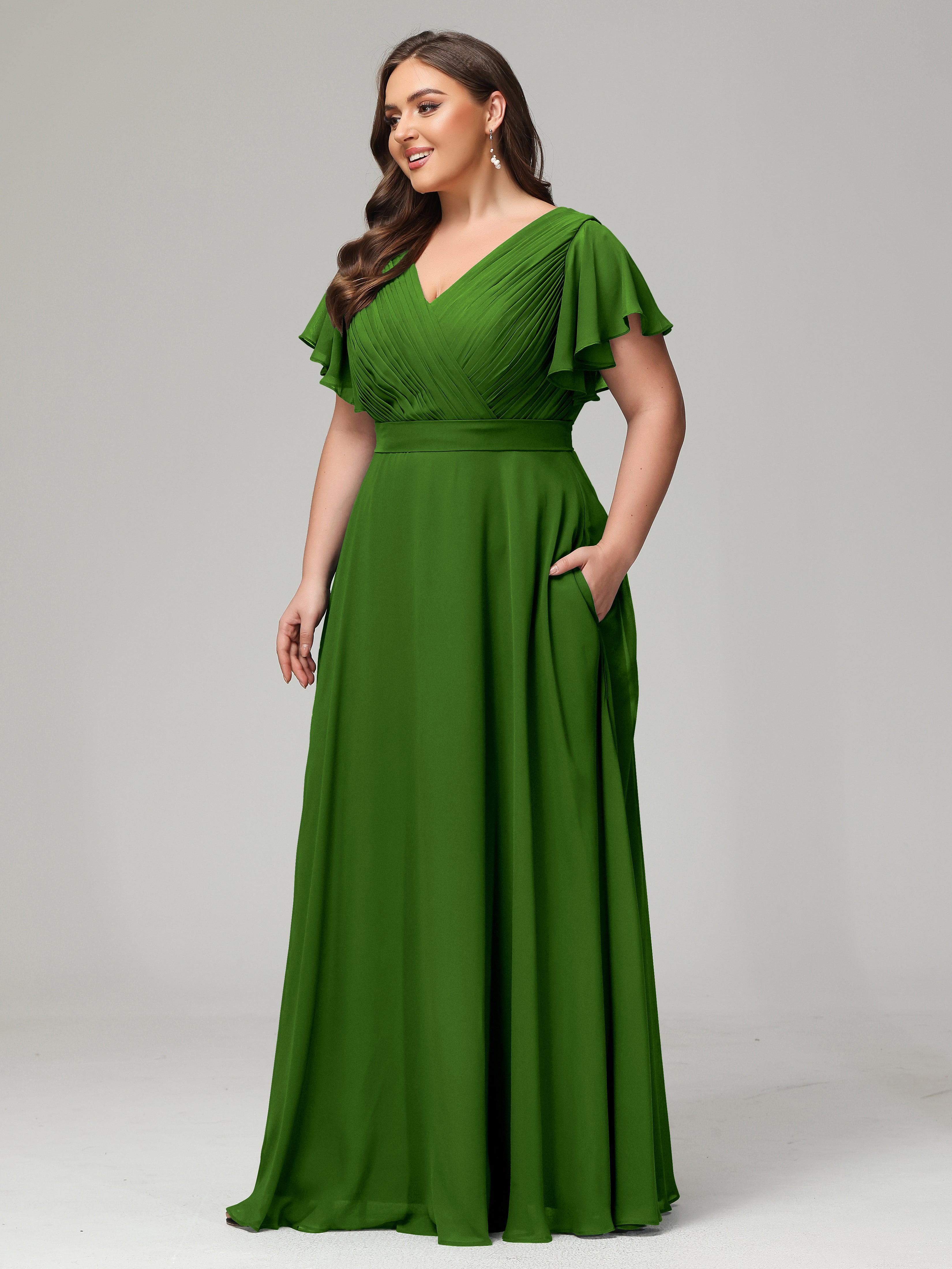 Robes De Demoiselle D'Honneur Vert Mousse Grande Taille Dos En V Manches Courtes Mousseline