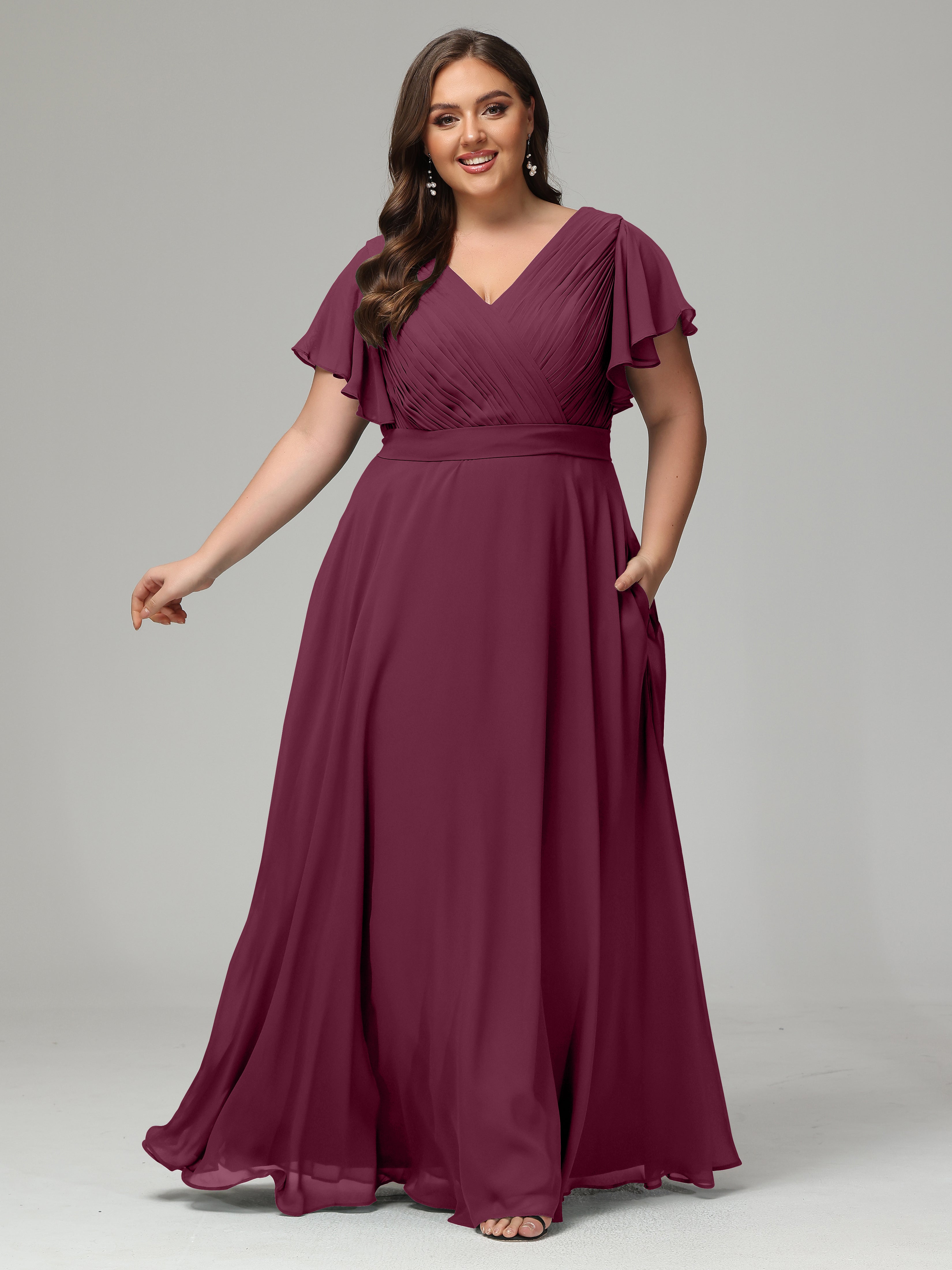 Robes De Demoiselle D'Honneur Mûre Grande Taille Dos En V Manches Courtes Mousseline