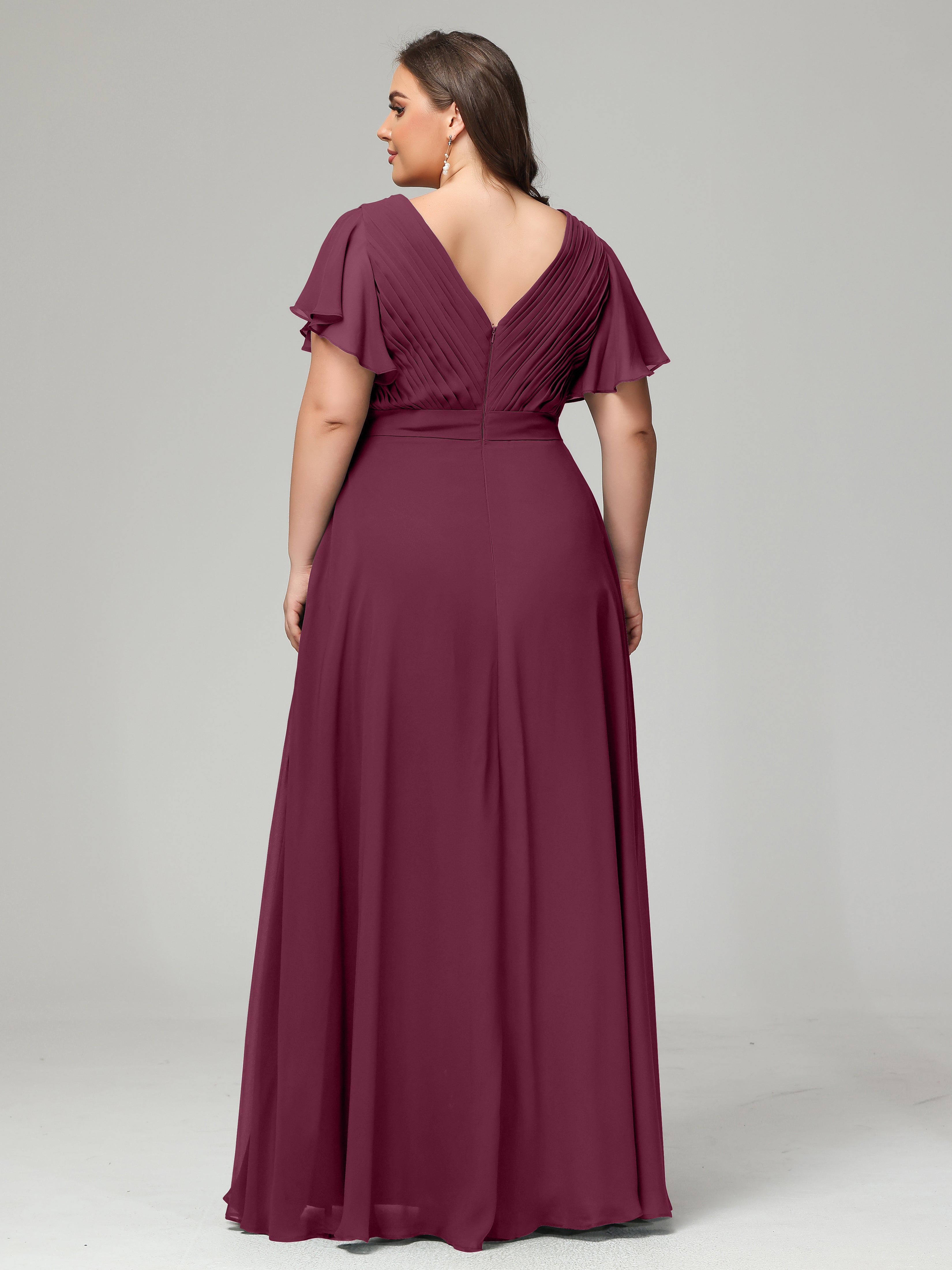 Robes De Demoiselle D'Honneur Mûre Grande Taille Dos En V Manches Courtes Mousseline