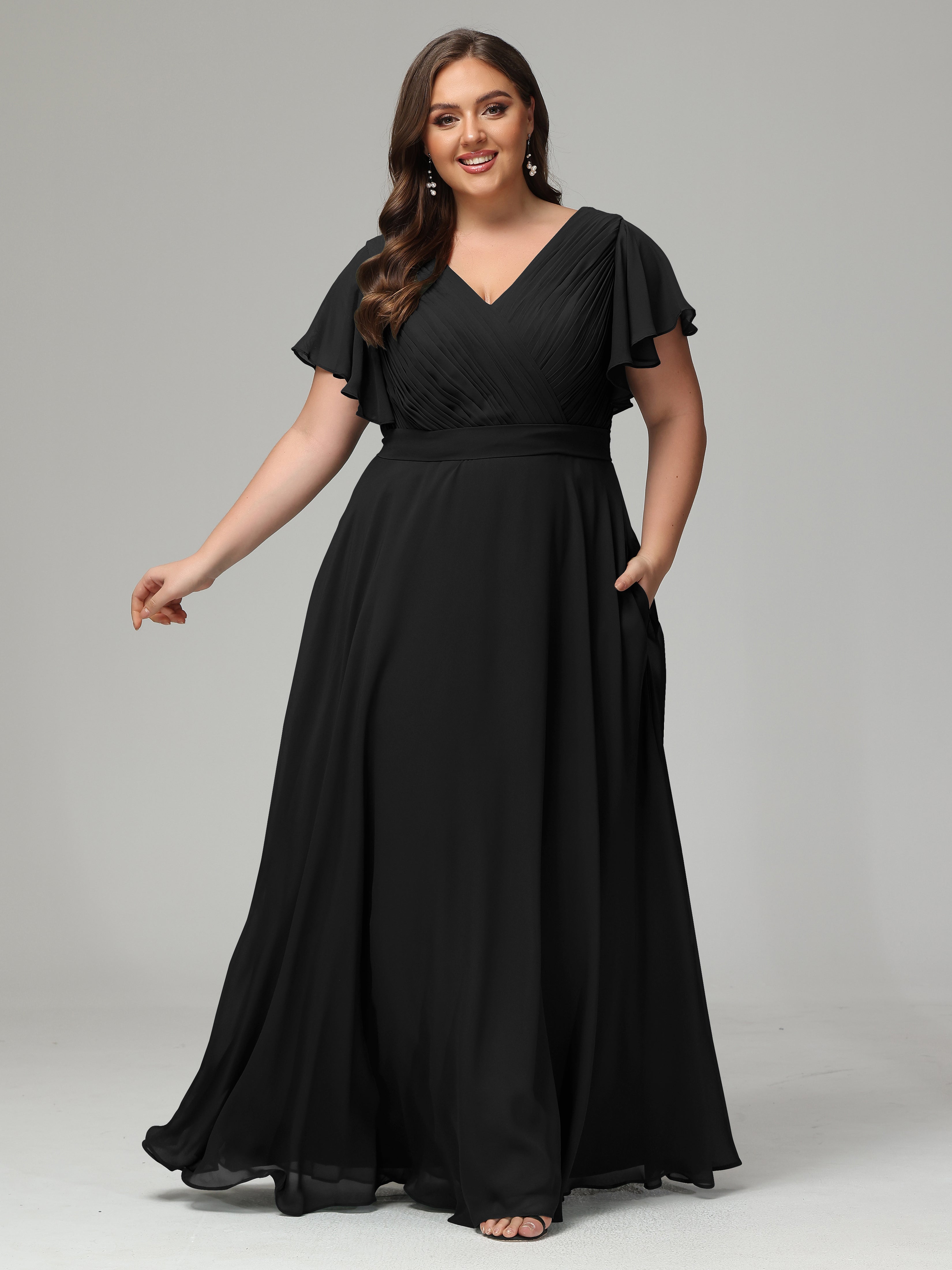 Robe Demoiselle D Honneur Noir Grande Taille Dos En V Manches Courtes Mousseline