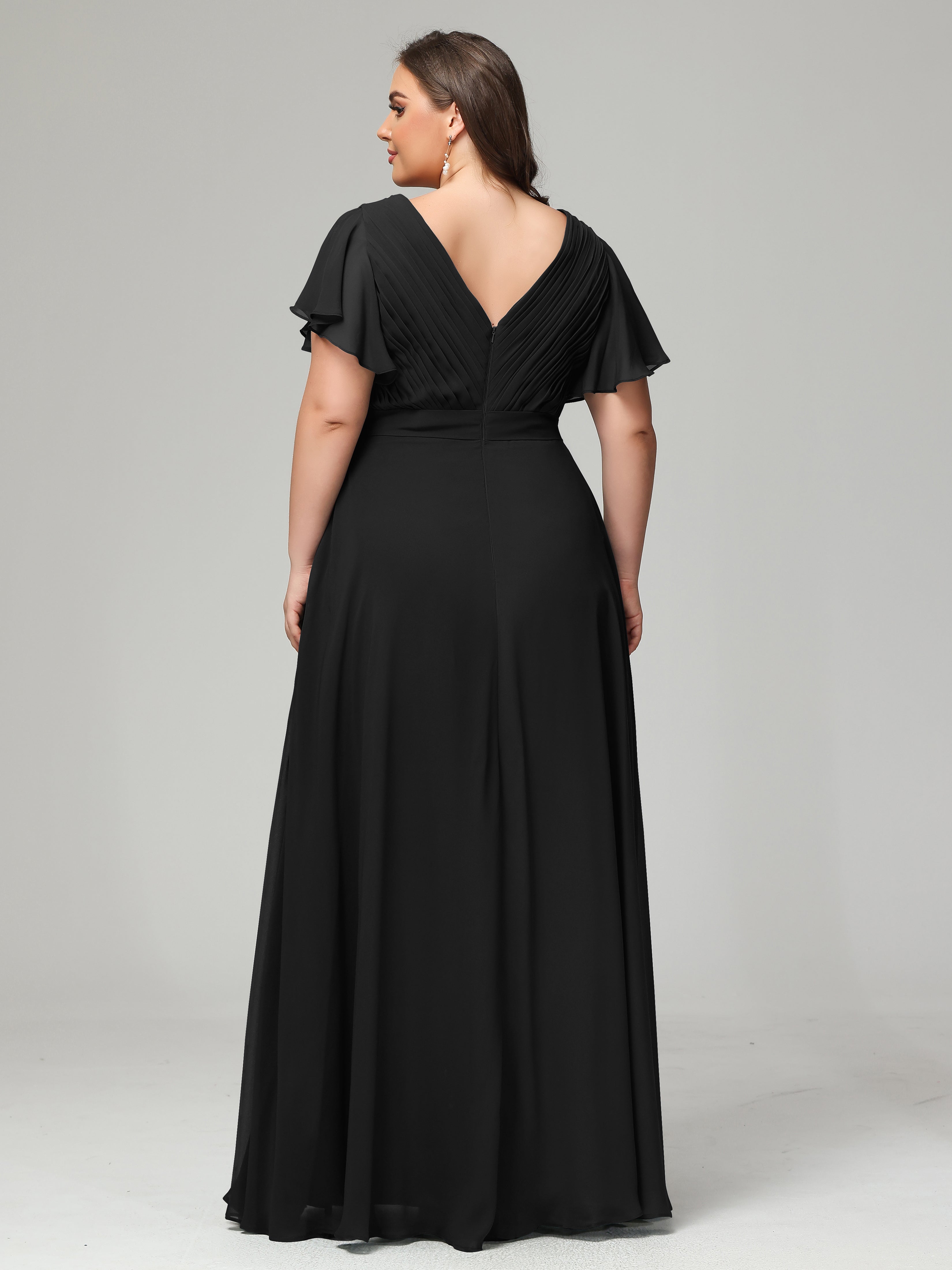 Robe Demoiselle D Honneur Noir Grande Taille Dos En V Manches Courtes Mousseline