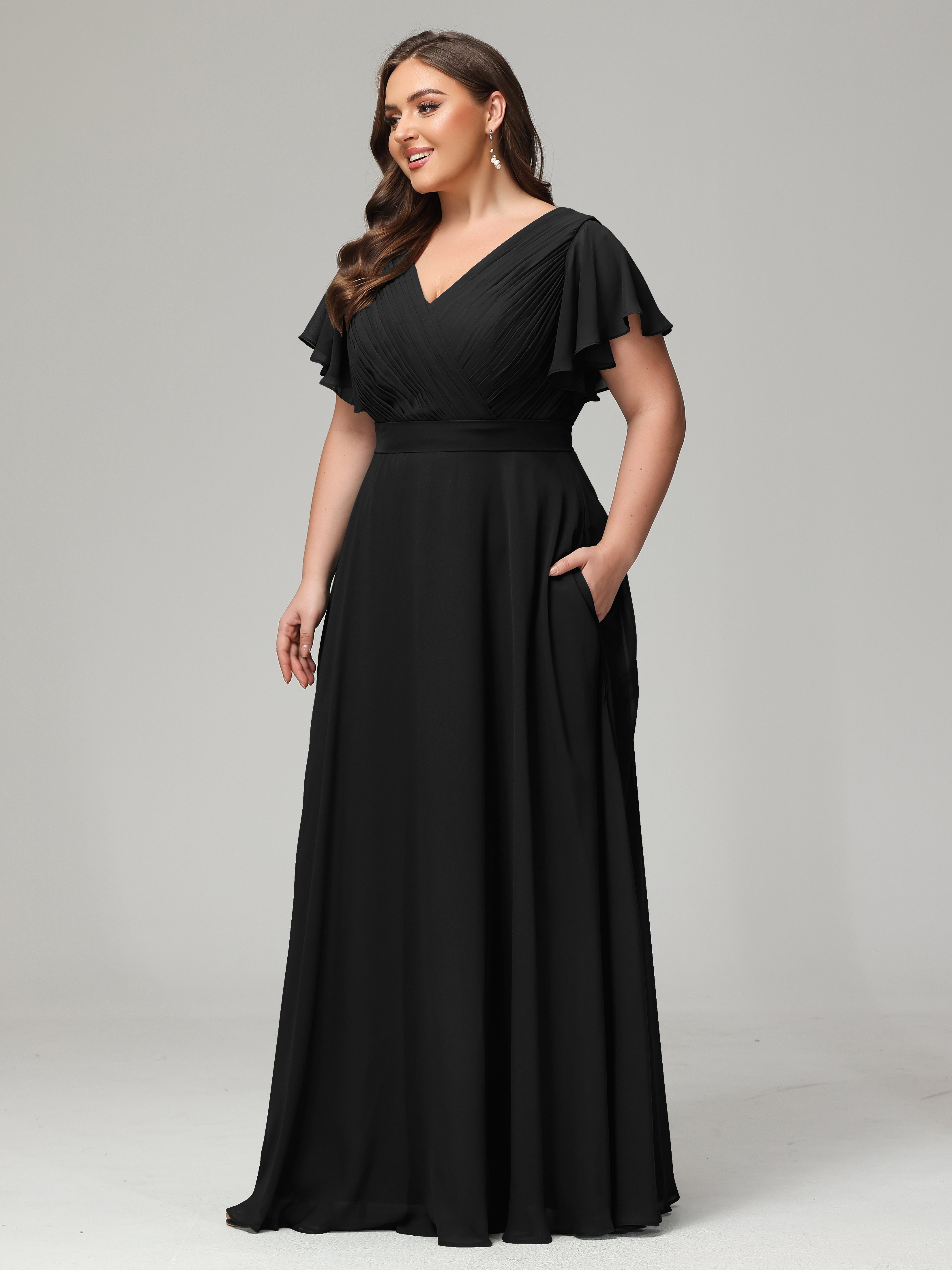 Robe Demoiselle D Honneur Noir Grande Taille Dos En V Manches Courtes Mousseline