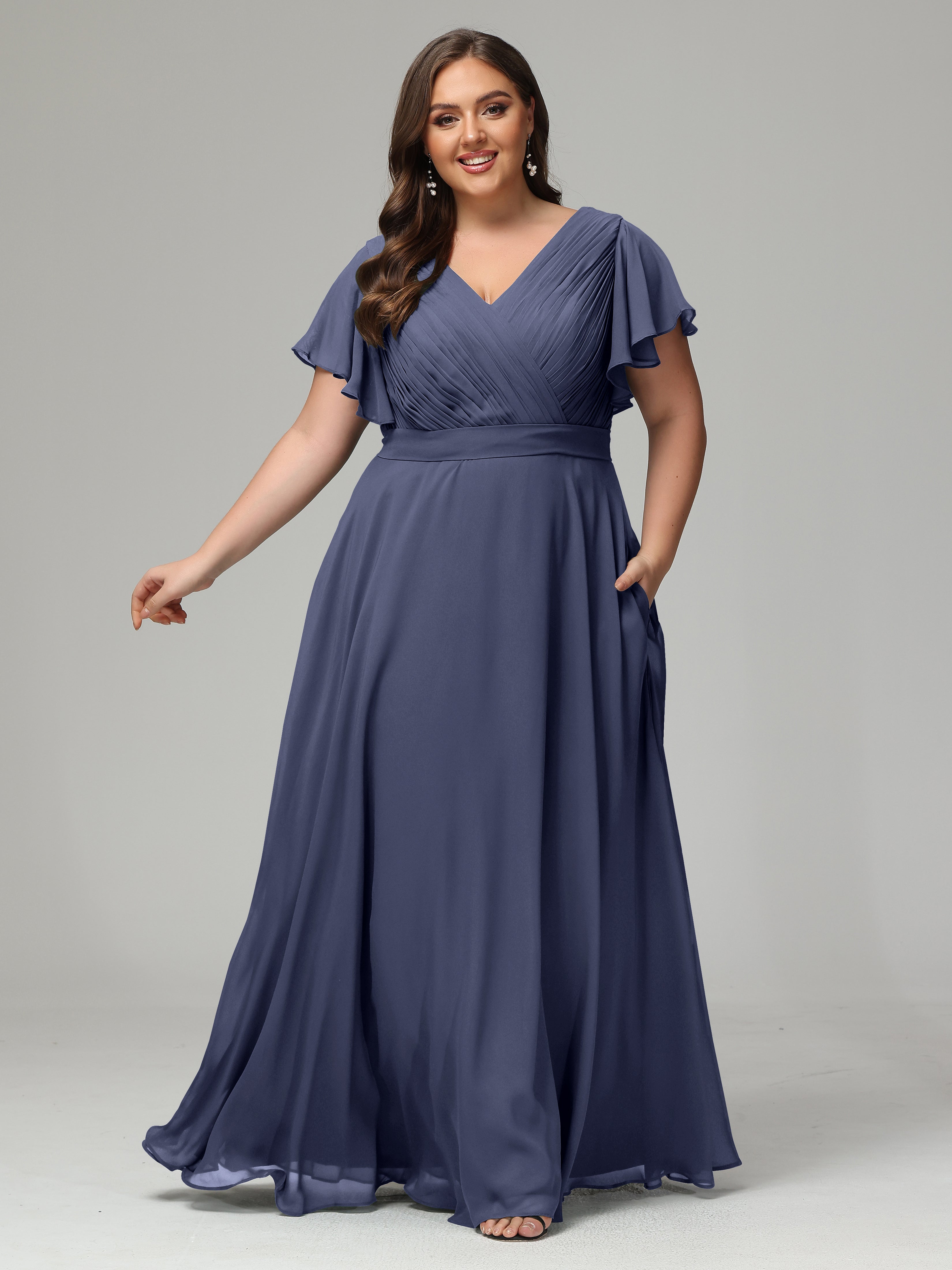 Robes De Demoiselle D'Honneur Bleu Orageux Grande Taille Dos En V Manches Courtes Mousseline