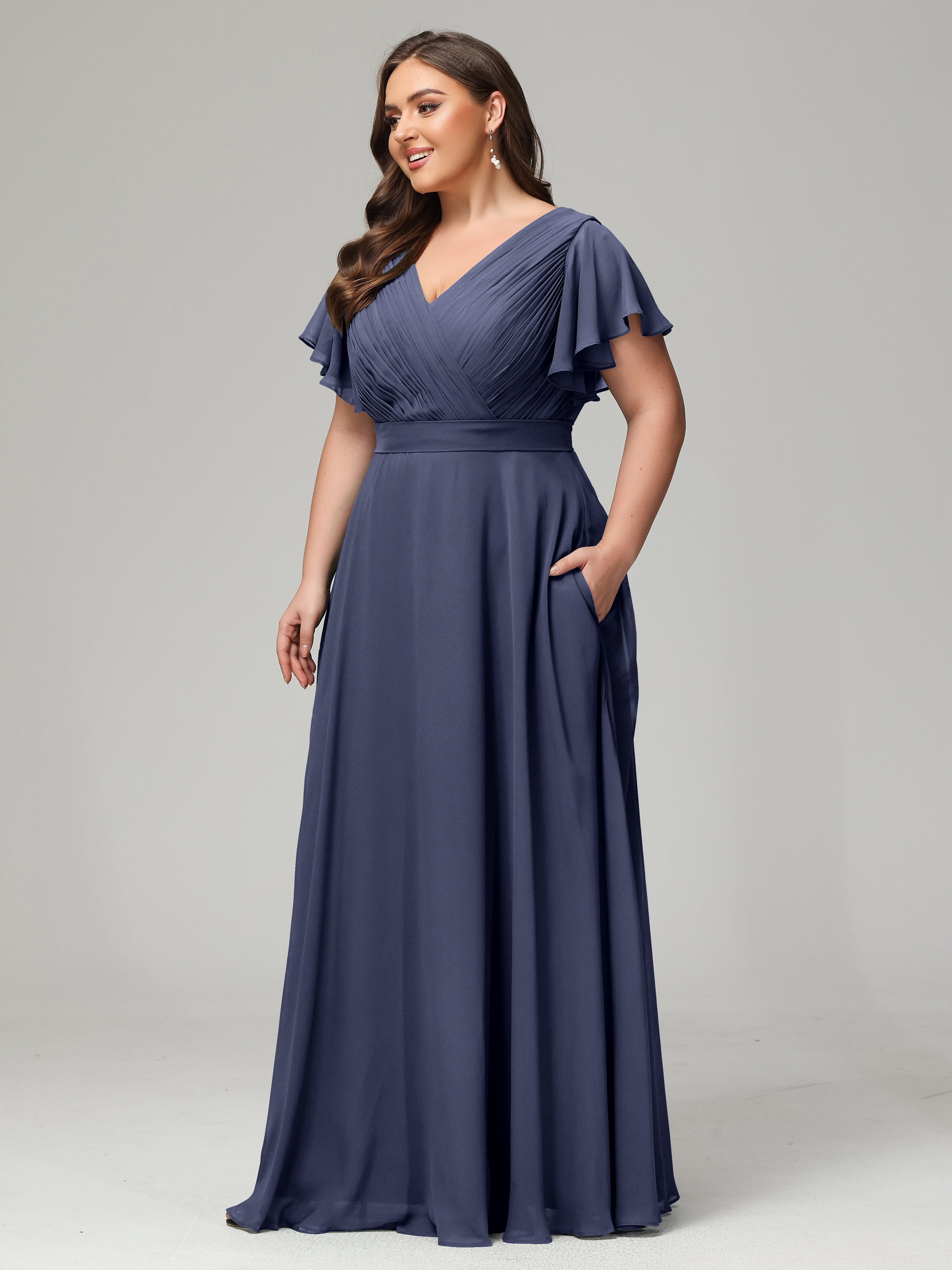 Robes De Demoiselle D'Honneur Bleu Orageux Grande Taille Dos En V Manches Courtes Mousseline