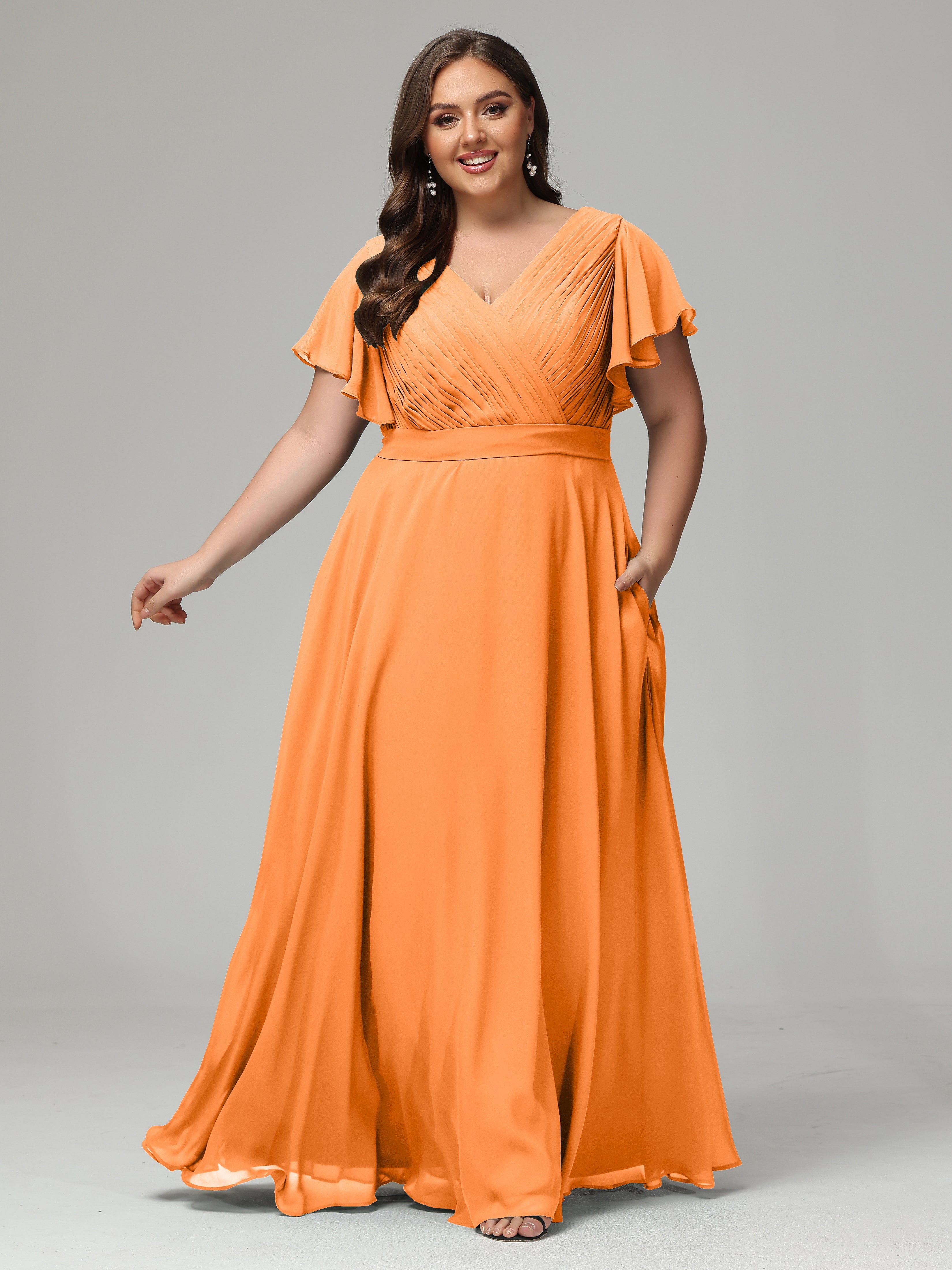 Robe Demoiselle D Honneur Orange Grande Taille Dos En V Manches Courtes Mousseline