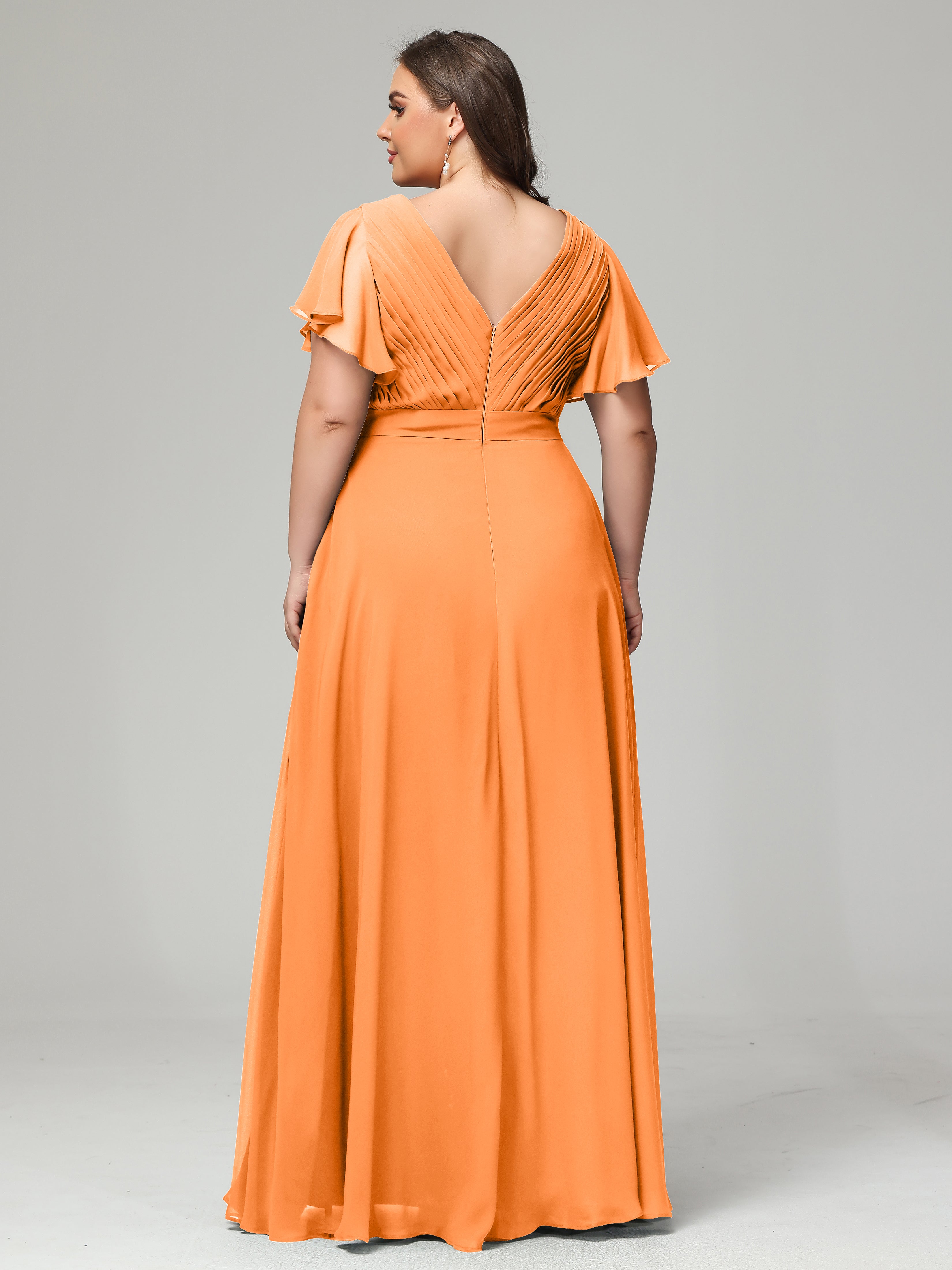 Robe Demoiselle D Honneur Orange Grande Taille Dos En V Manches Courtes Mousseline