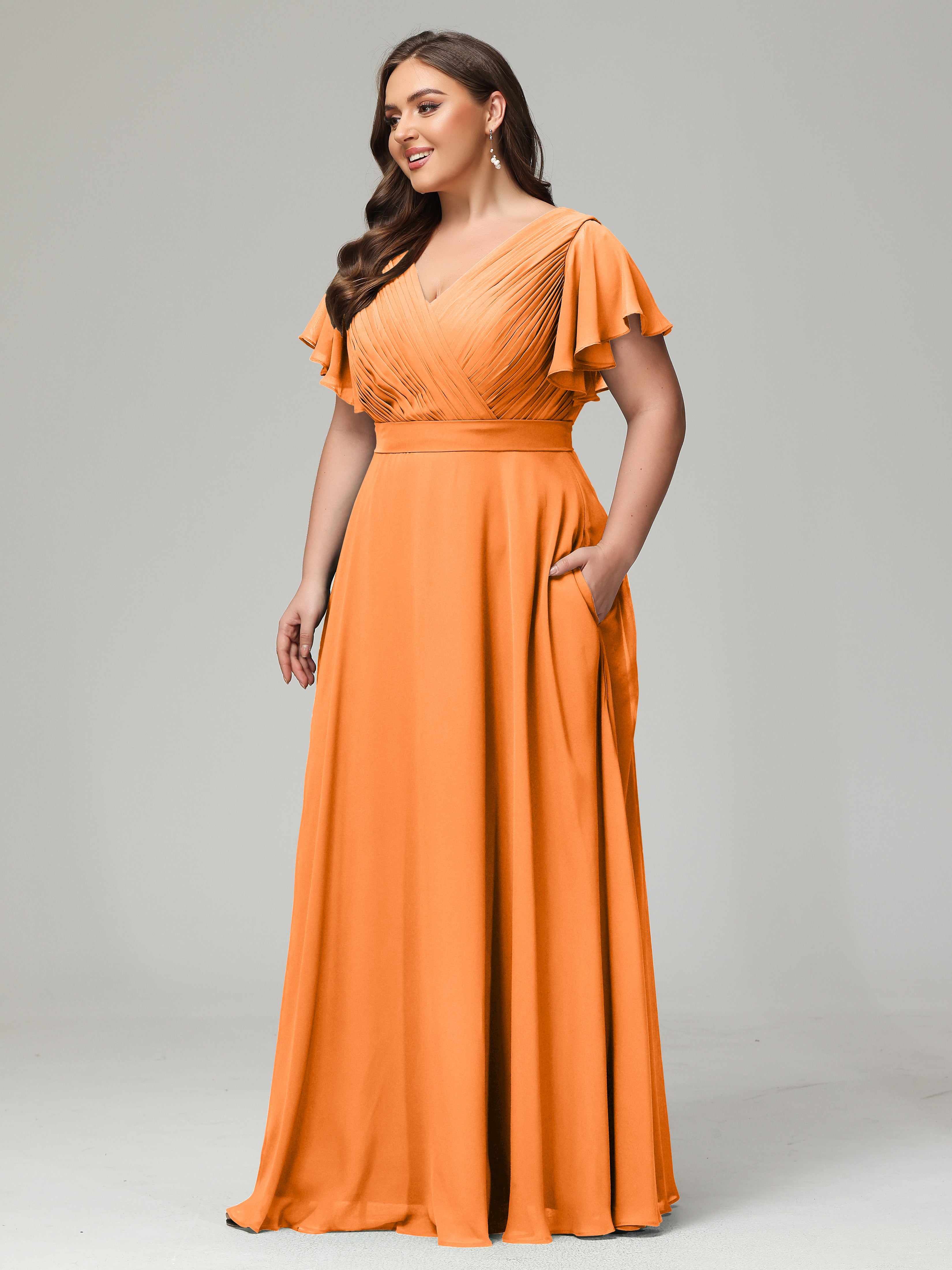Robe Demoiselle D Honneur Orange Grande Taille Dos En V Manches Courtes Mousseline