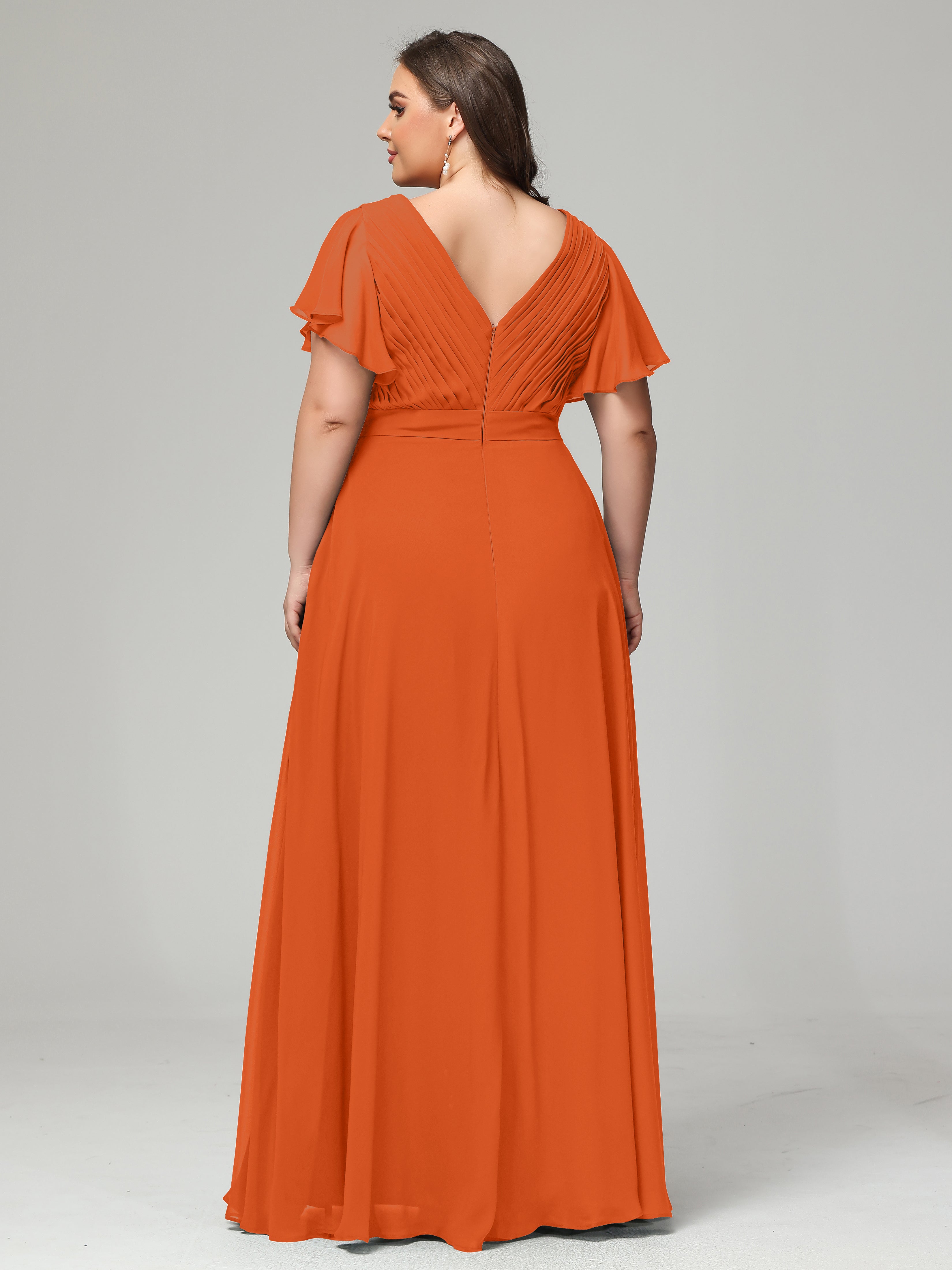 Robes De Demoiselle D'Honneur Orange Foncé Dos En V Manches Courtes Mousseline Robes Demoiselle D'Honneur Grande Taille