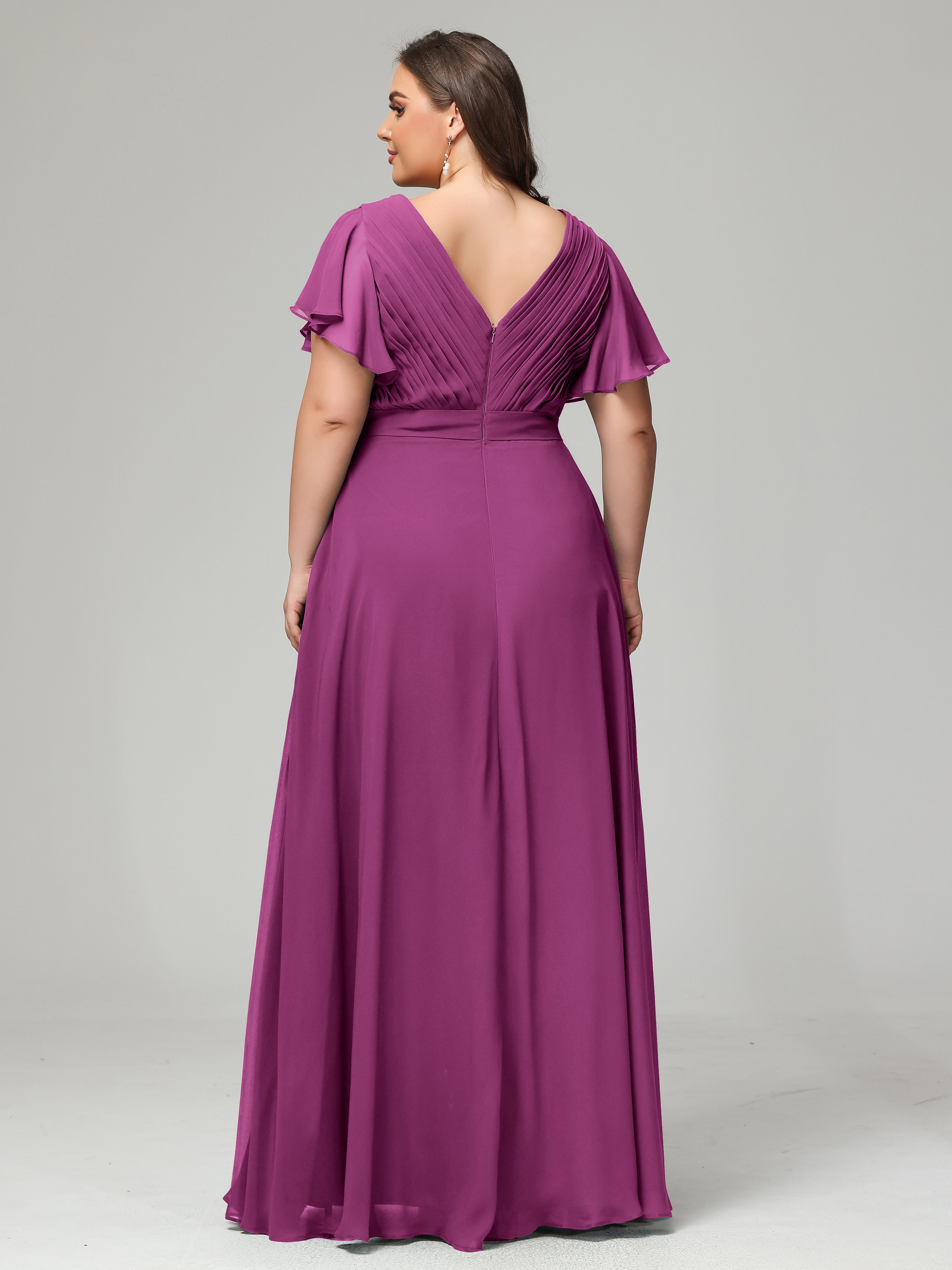 Robes De Demoiselle D'Honneur Orchidée Grande Taille Dos En V Manches Courtes Mousseline
