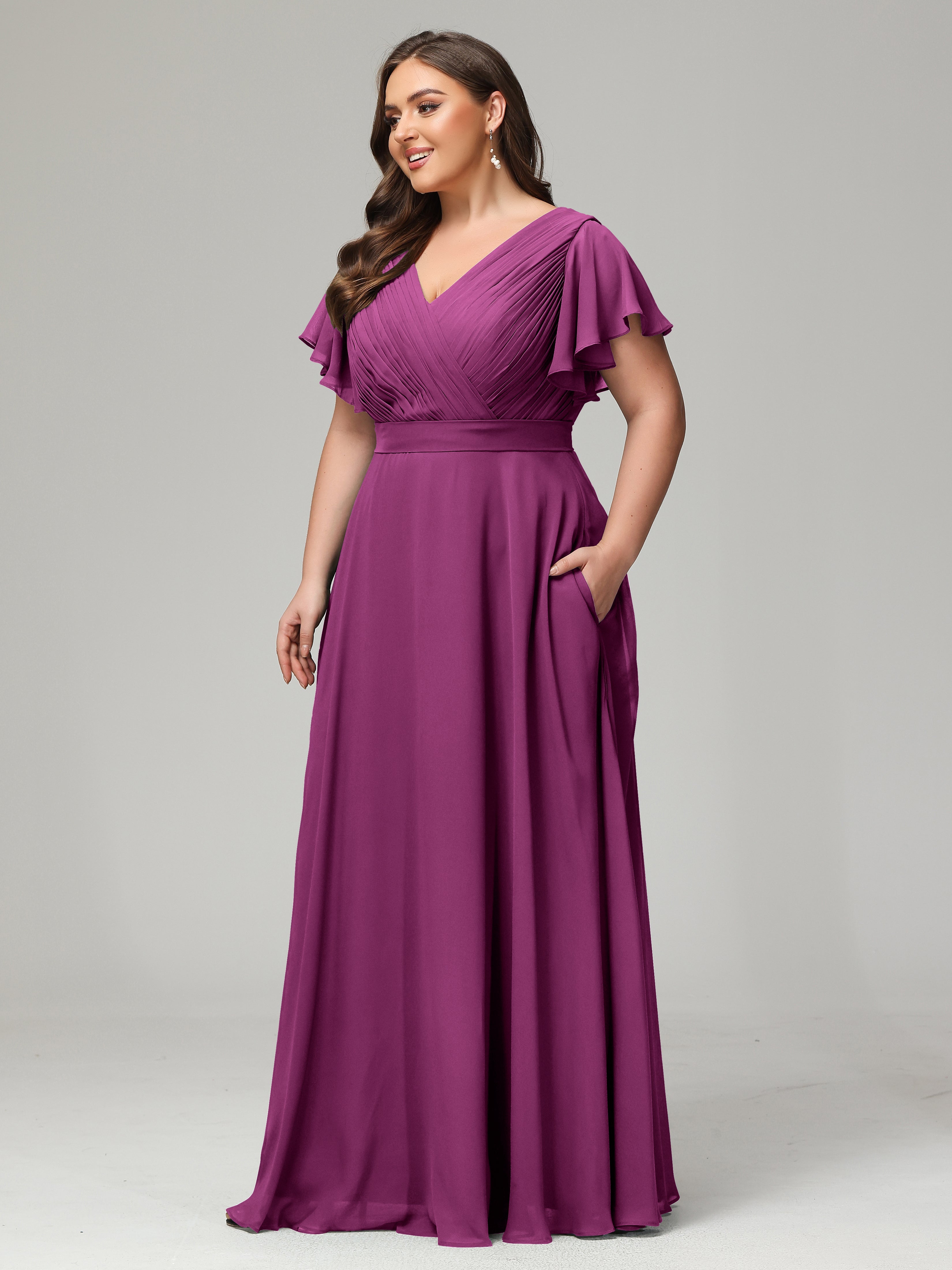 Robes De Demoiselle D'Honneur Orchidée Grande Taille Dos En V Manches Courtes Mousseline