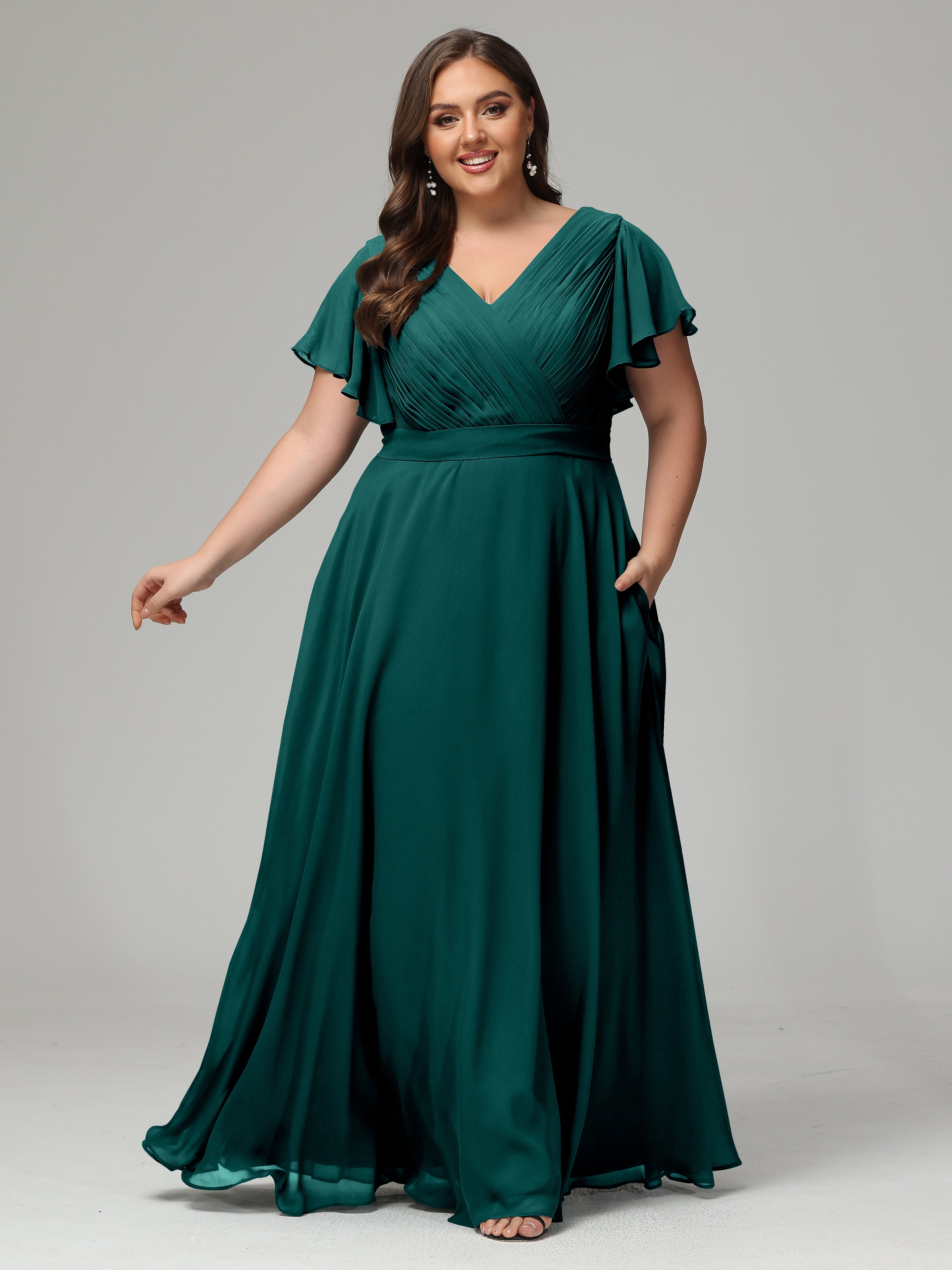 Robe De Demoiselle D'Honneur En Mousseline De Paon Grande Taille Dos En V Manches Courtes