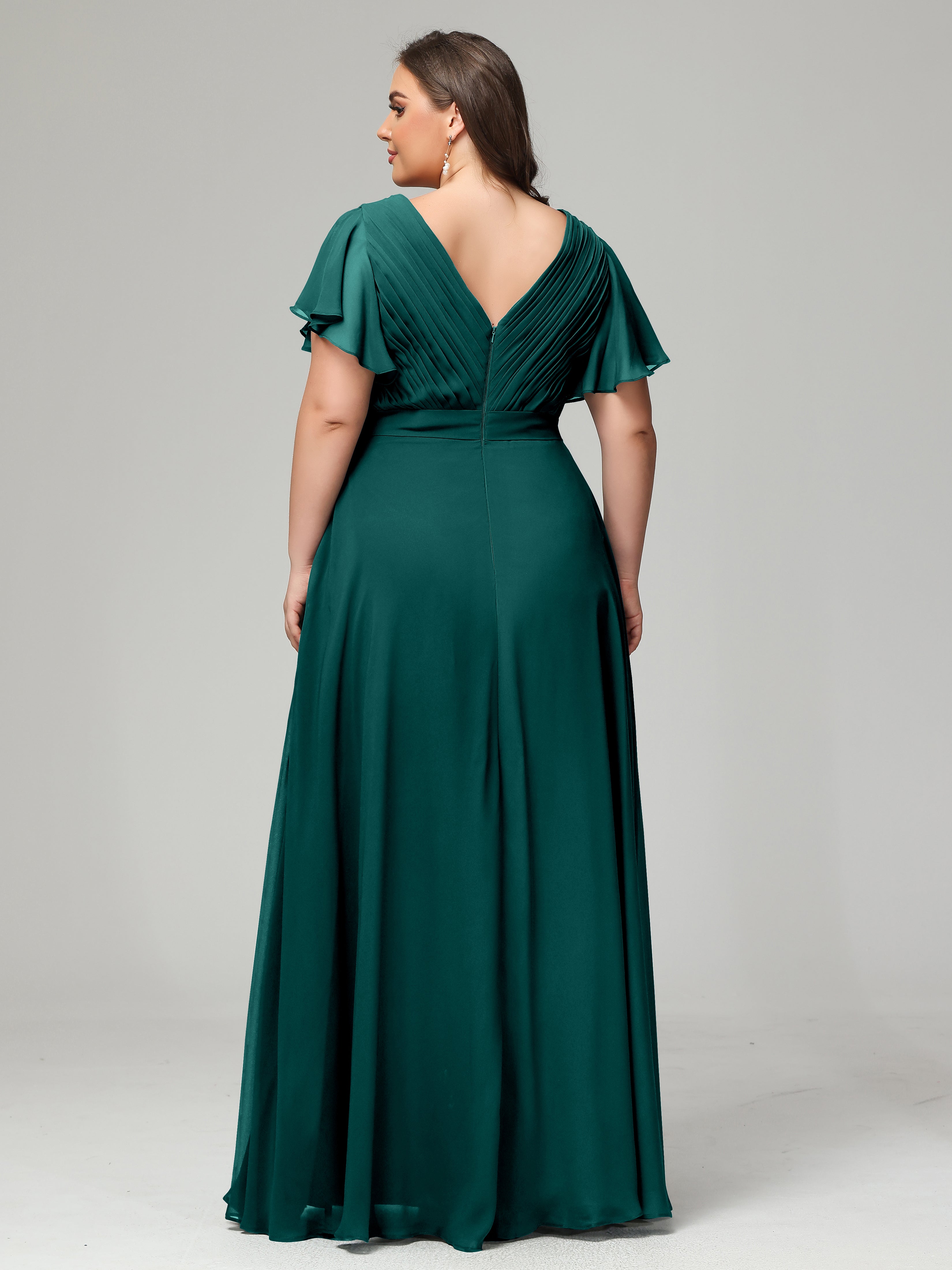 Robe De Demoiselle D'Honneur En Mousseline De Paon Grande Taille Dos En V Manches Courtes