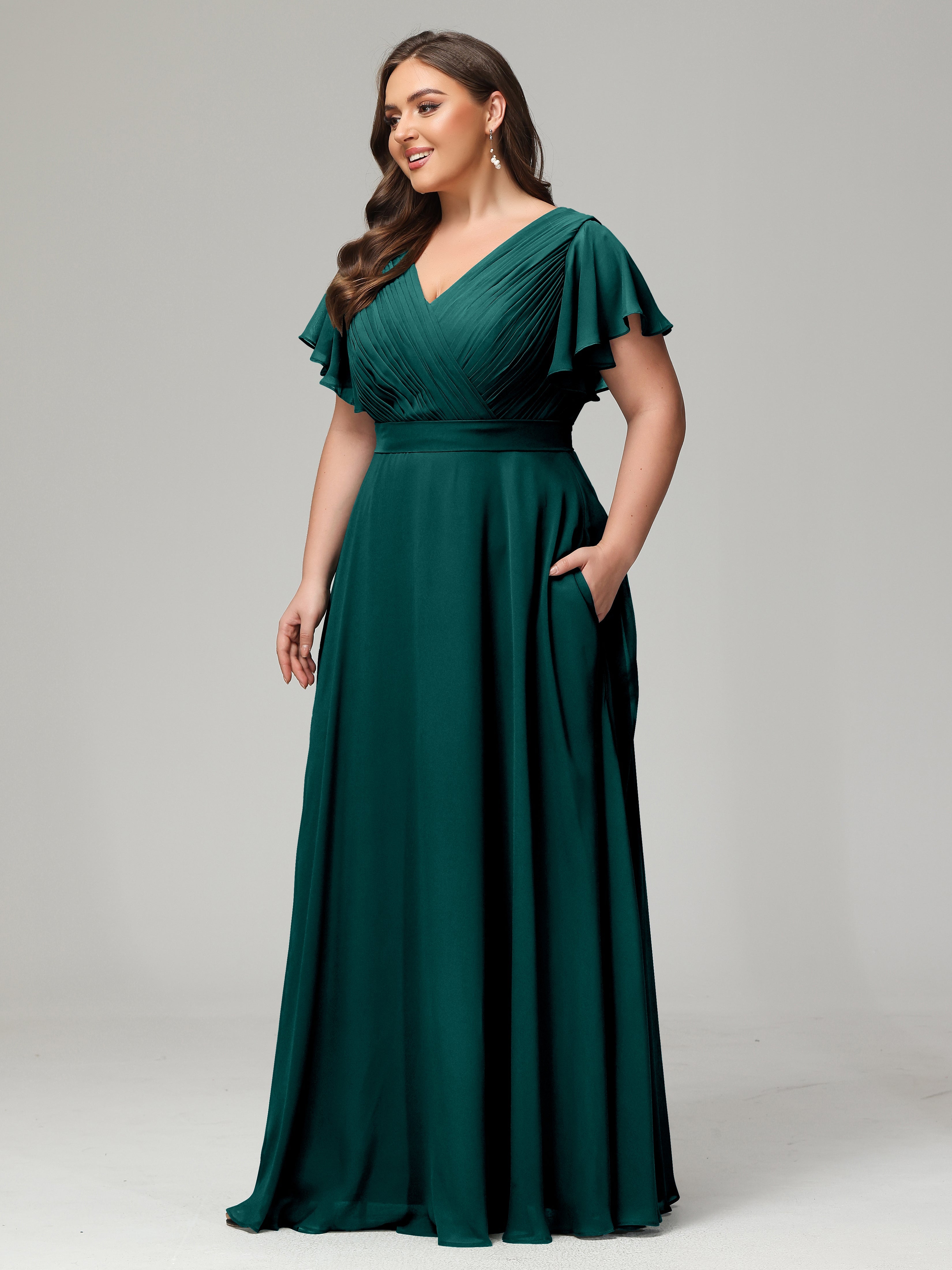 Robe De Demoiselle D'Honneur En Mousseline De Paon Grande Taille Dos En V Manches Courtes