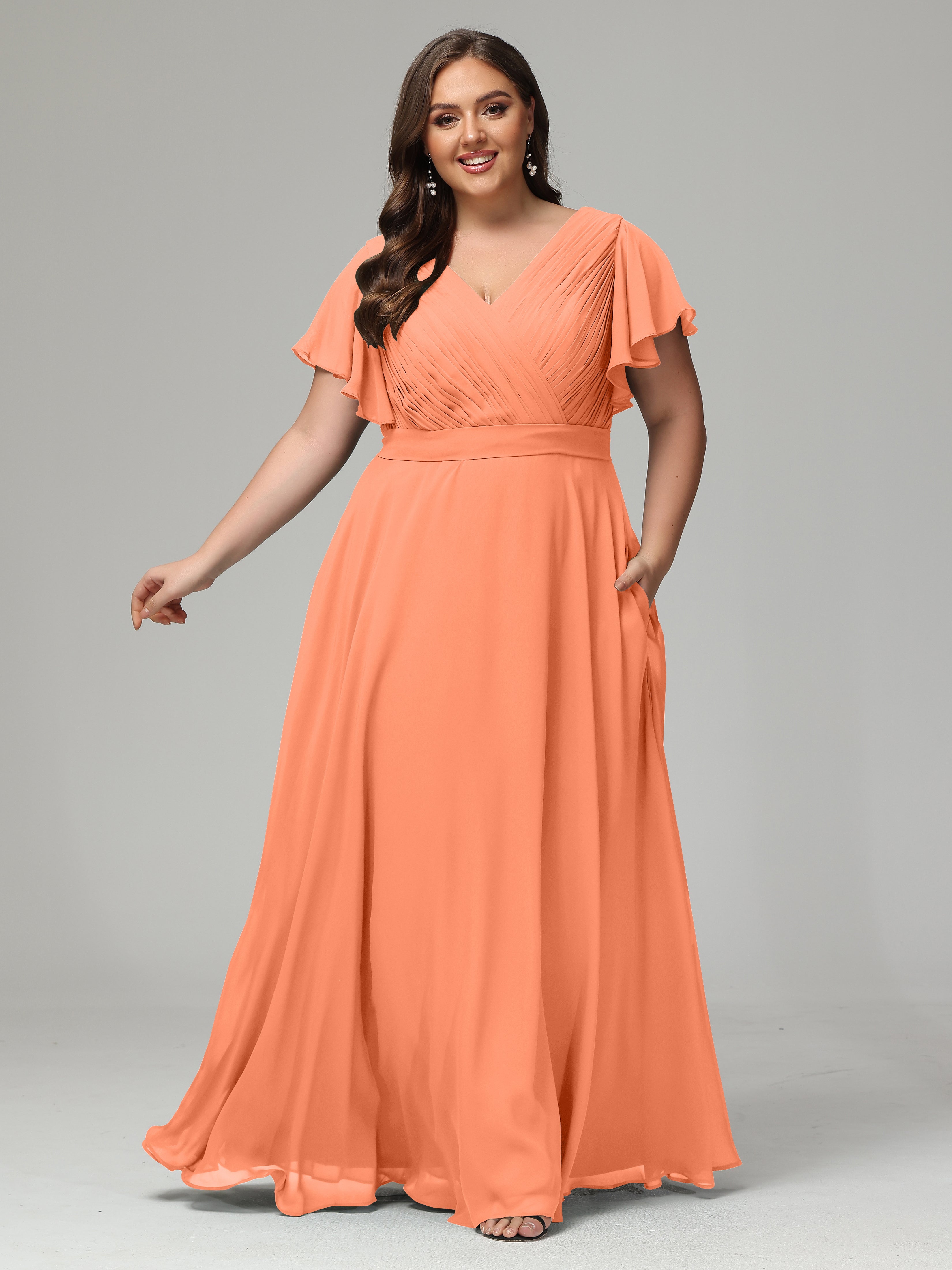 Robes De Demoiselle D'Honneur Papaye Grande Taille Dos En V Manches Courtes Mousseline