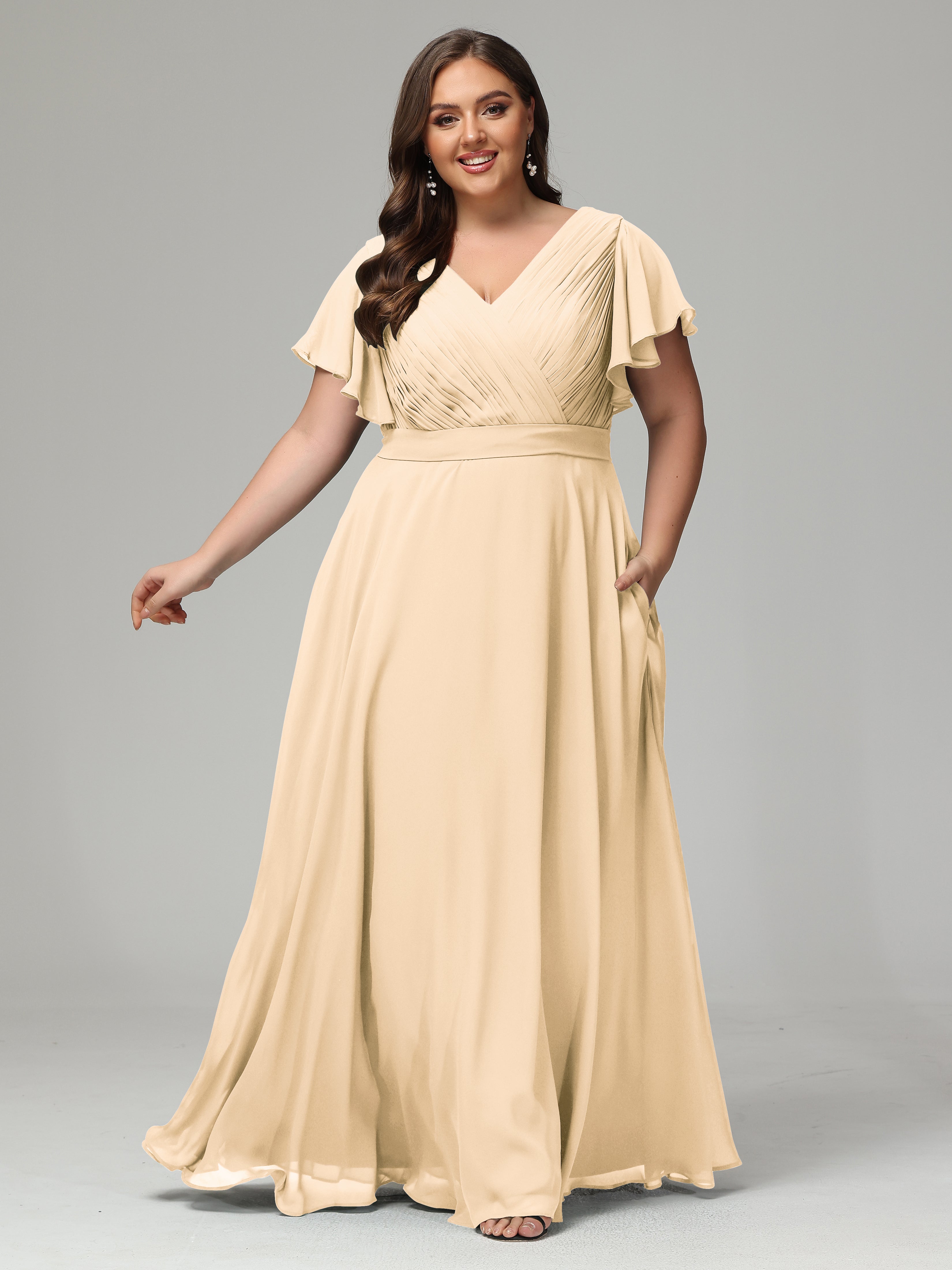 Robe Pêche Demoiselle D Honneur Grande Taille Dos En V Manches Courtes Mousseline