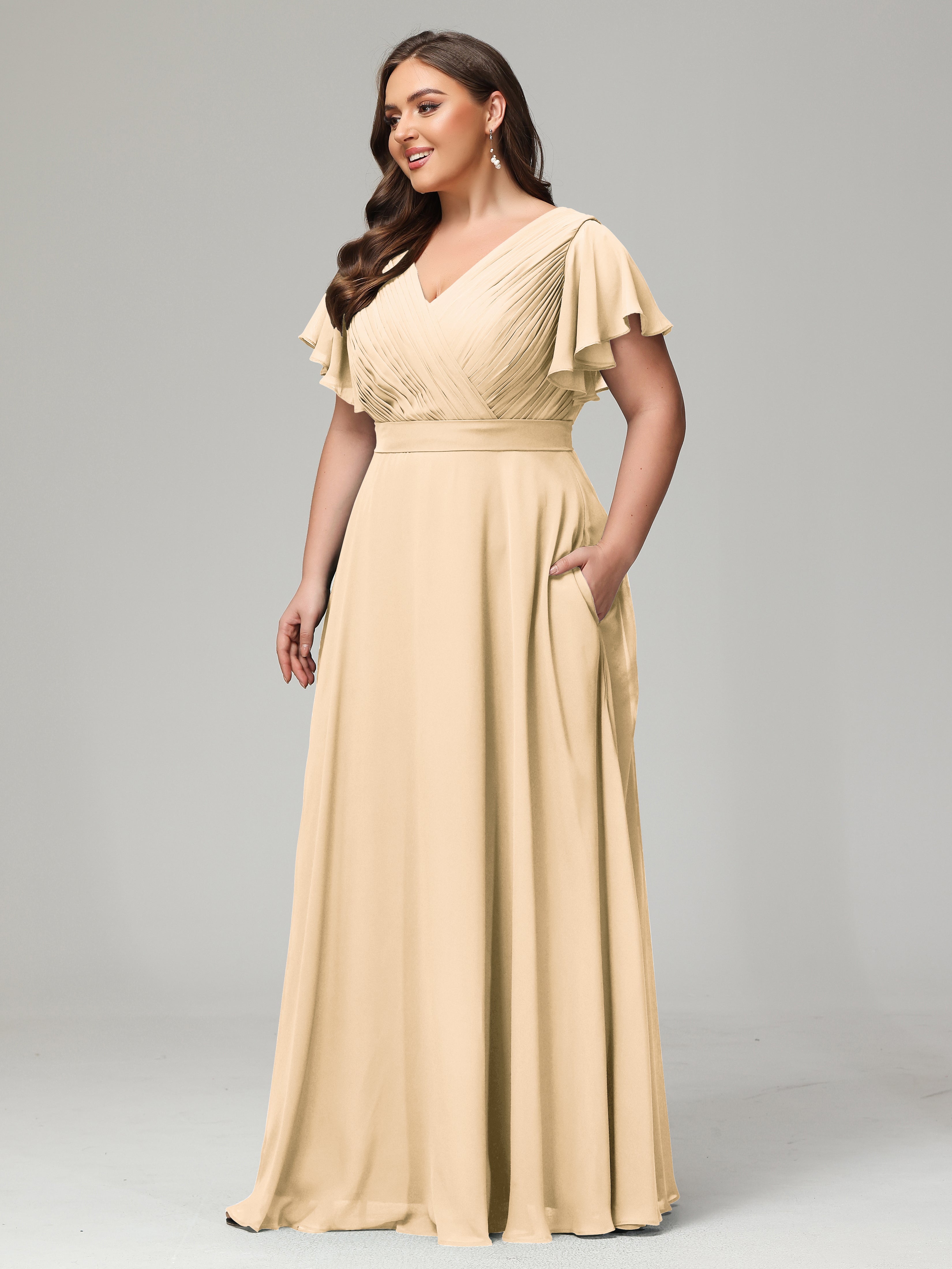 Robe Pêche Demoiselle D Honneur Grande Taille Dos En V Manches Courtes Mousseline